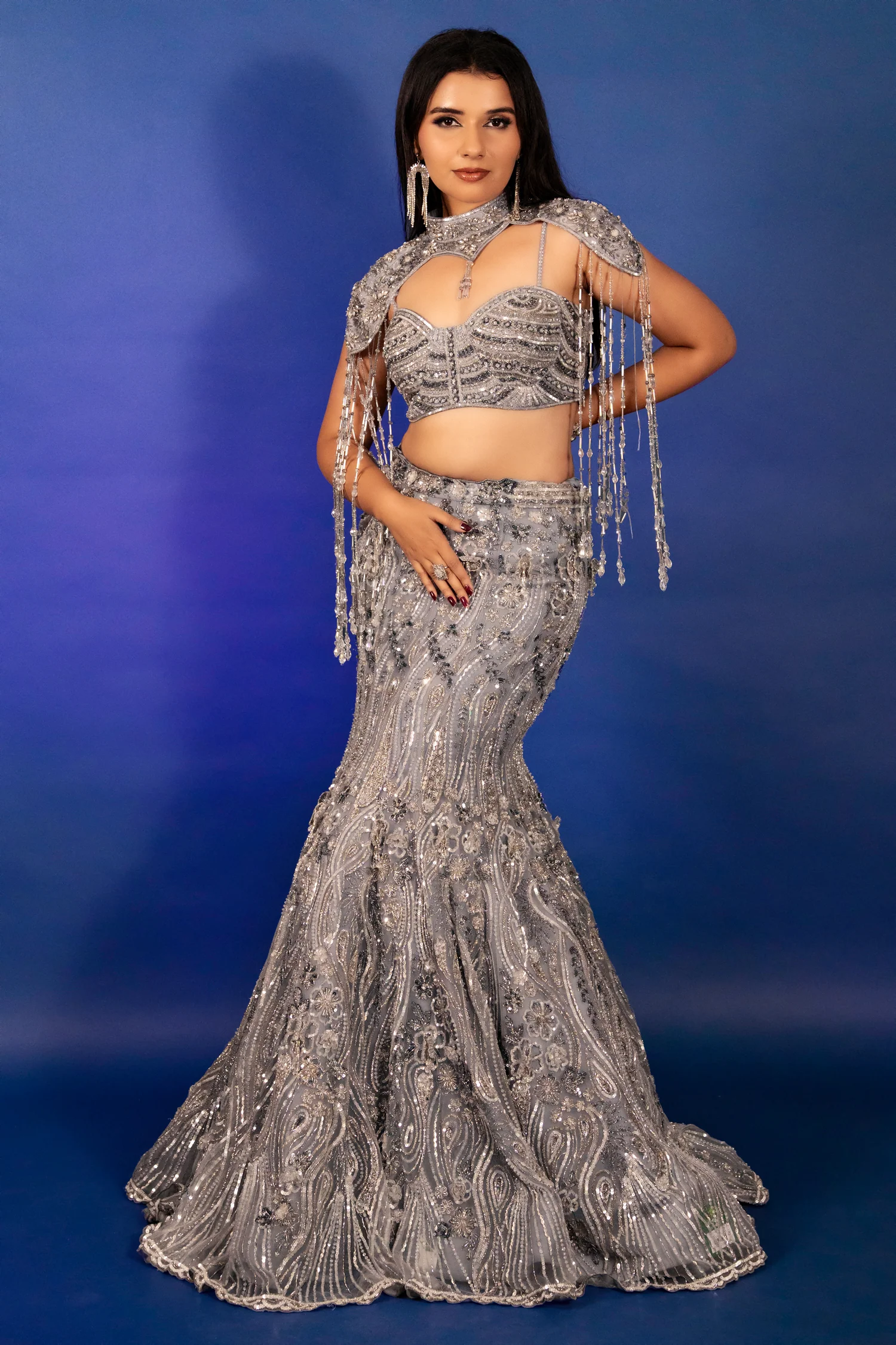 Powder Blue Net Fish Cut Designer Cutdana Sequin Worked Lehenga with Embellished Cape Blouse - Image 4