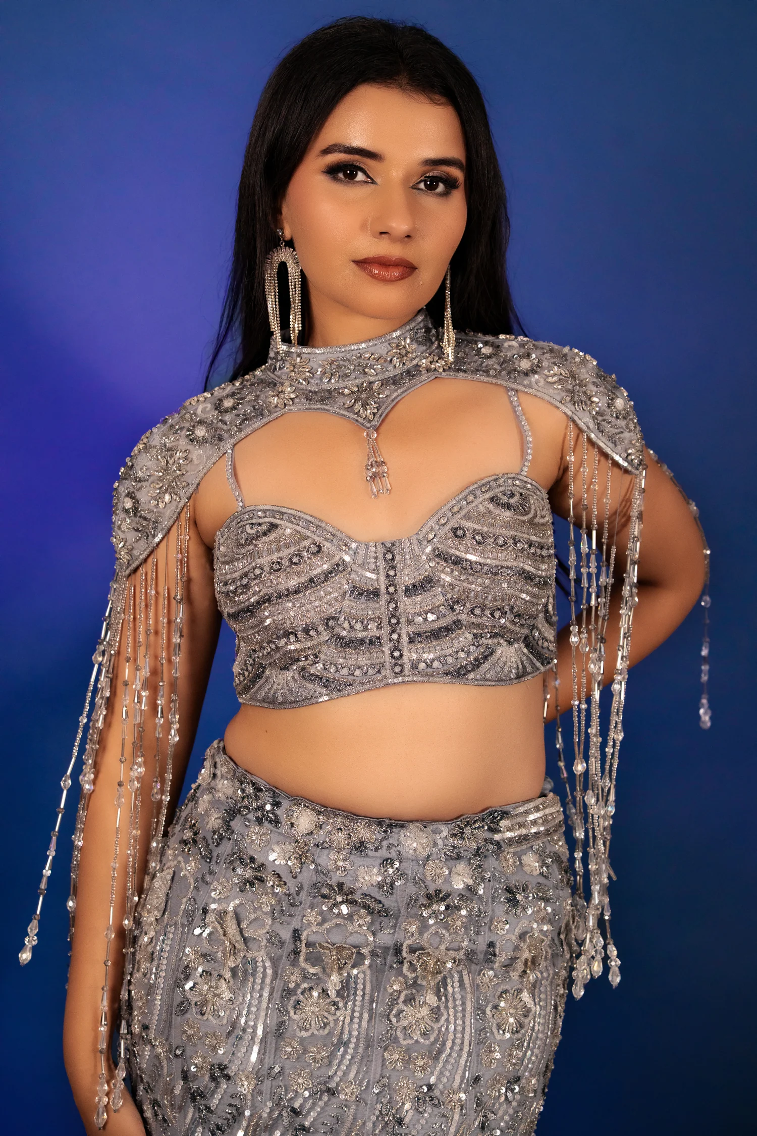 Powder Blue Net Fish Cut Designer Cutdana Sequin Worked Lehenga with Embellished Cape Blouse - Image 5