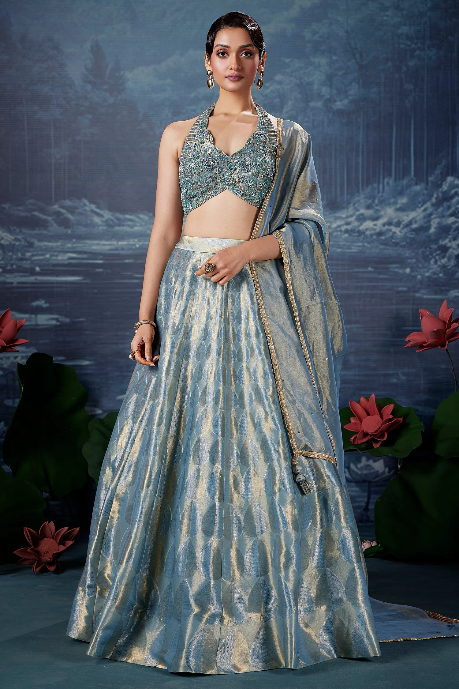 Powder Blue Tissue Silk Zari Woven Lehenga with Handworked Halter Neck Blouse - Image 3