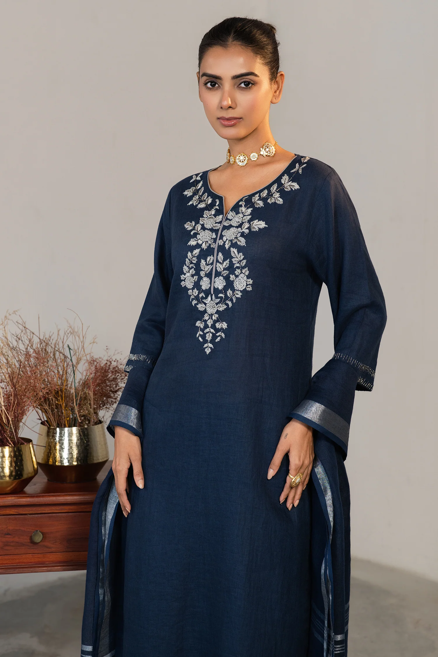 Prussian Blue Cotton Embroidery and Cutdana Work Kurti Set - Image 3