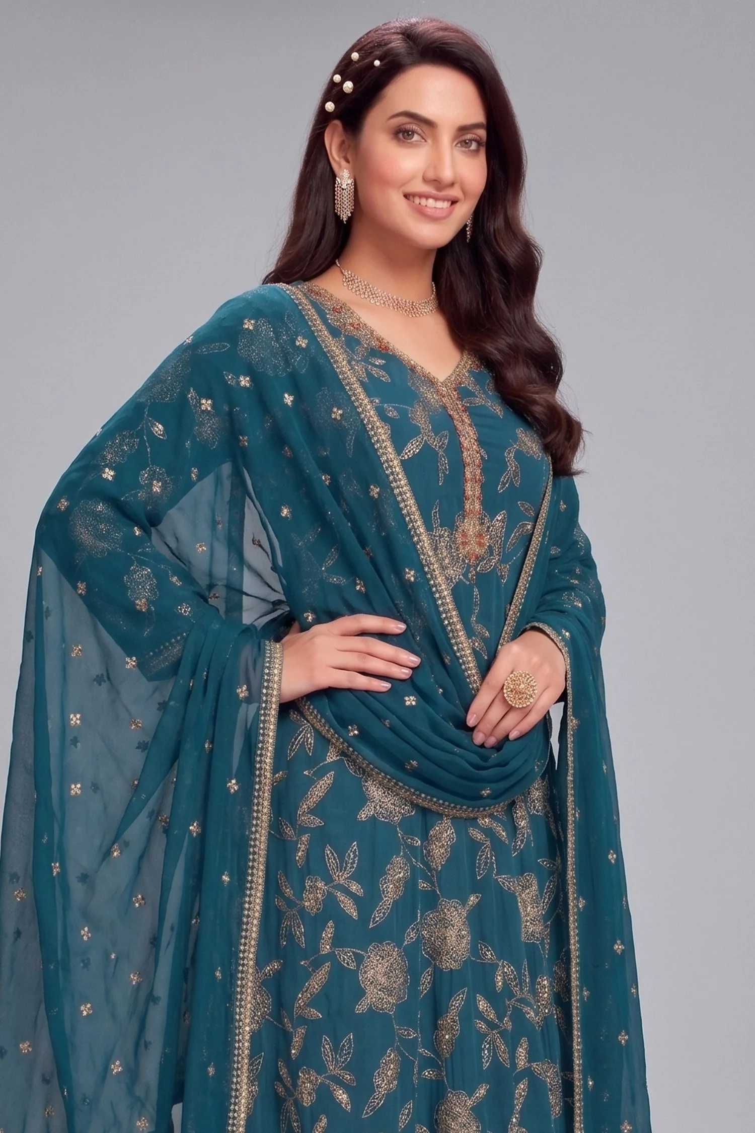 Prussian Blue Crepe Silk Sequin Worked Anarkali Suit - Image 2
