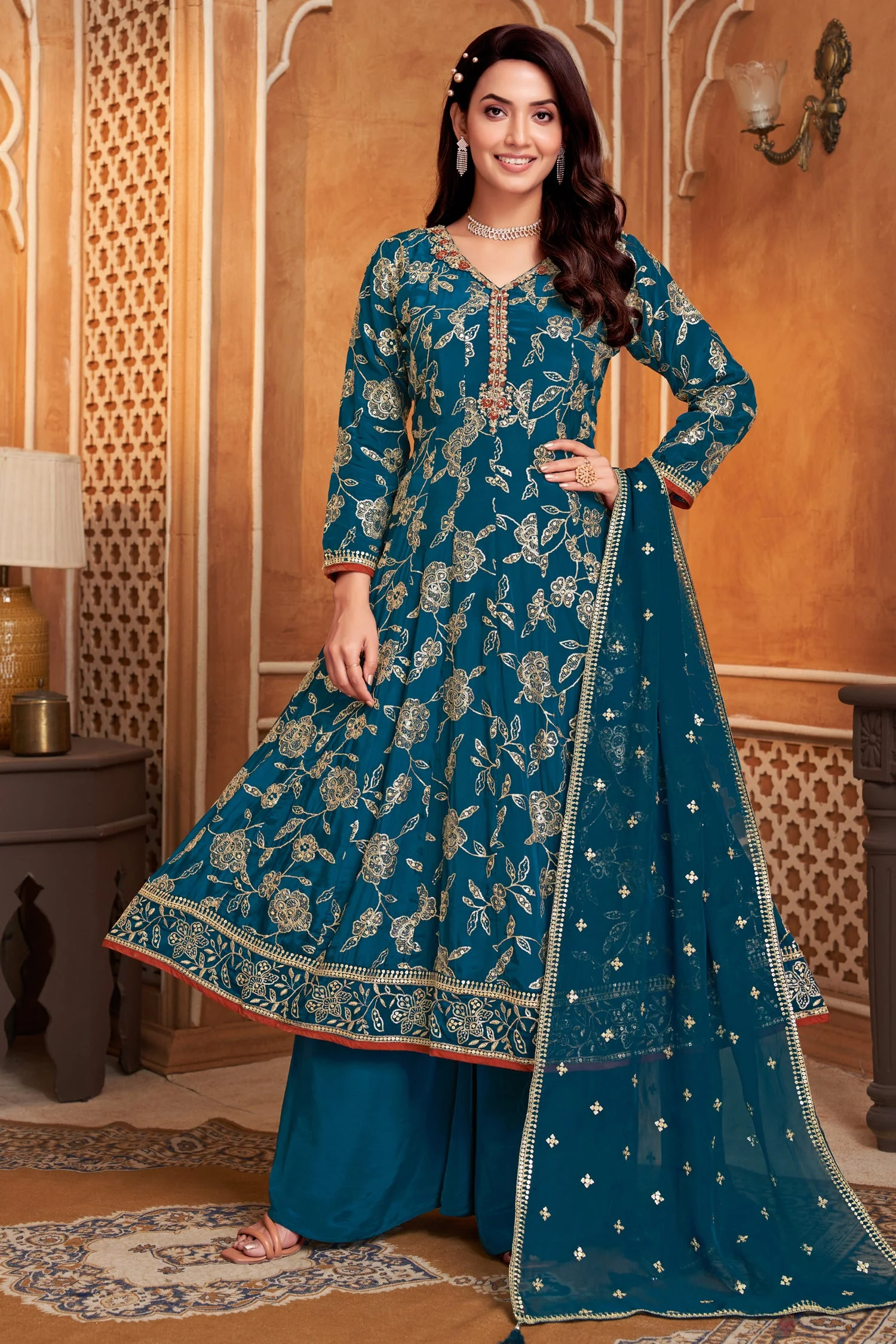 Prussian Blue Crepe Silk Sequin Worked Anarkali Suit - Image 3
