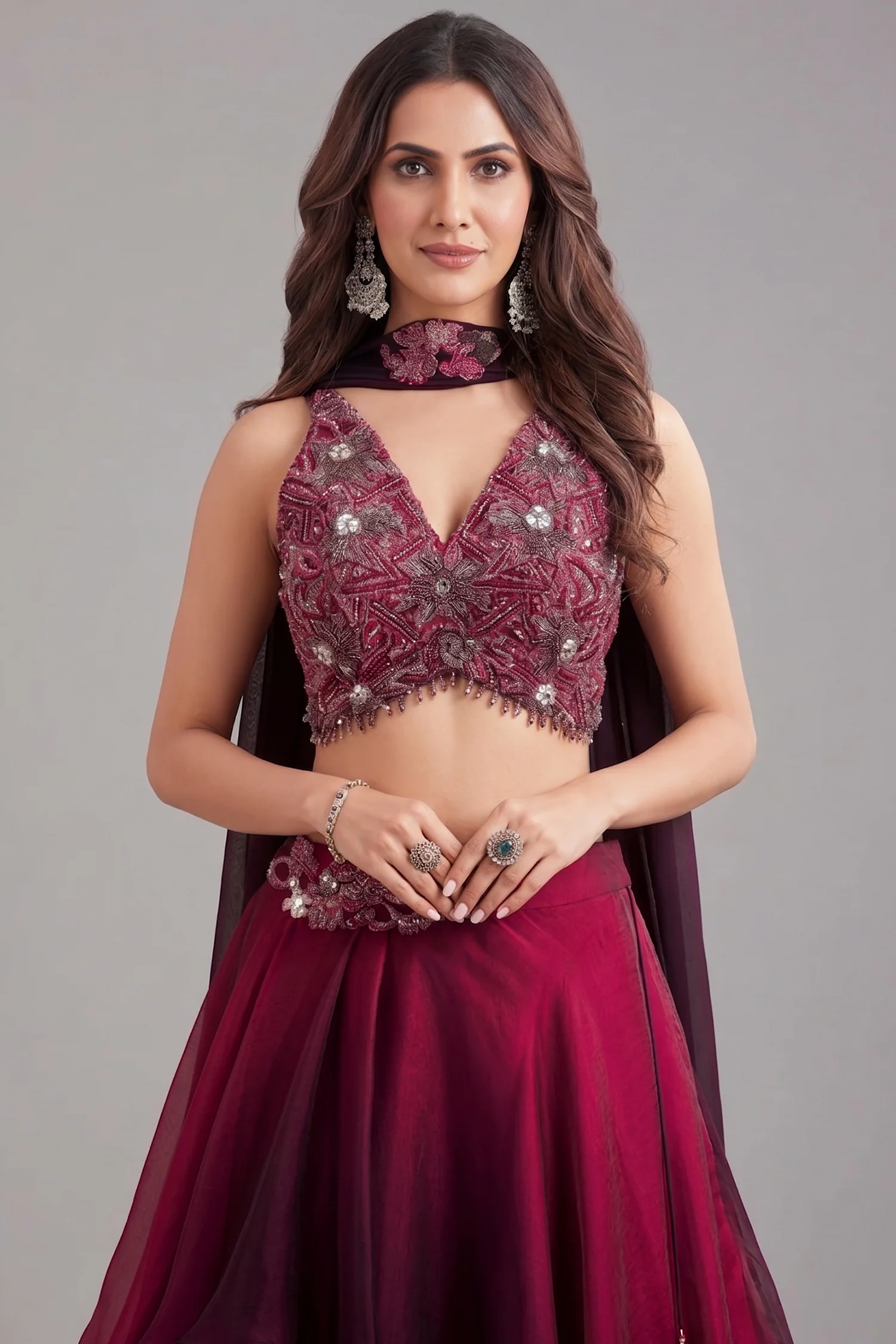 Purple and Magenta Ombre Crepe Silk Layered Lehenga with Sequin Cutdana Work - Image 2