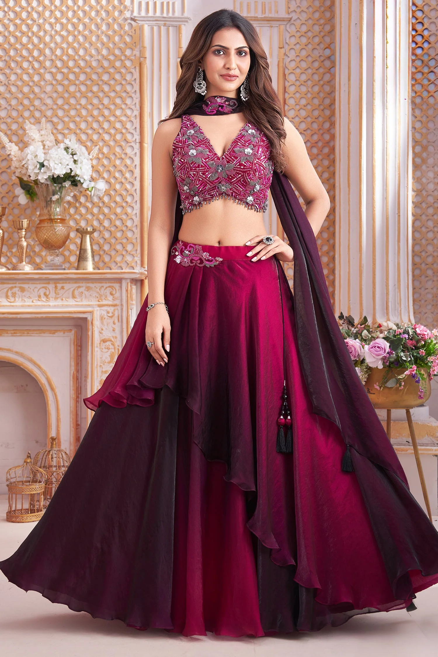Purple and Magenta Ombre Crepe Silk Layered Lehenga with Sequin Cutdana Work - Image 3