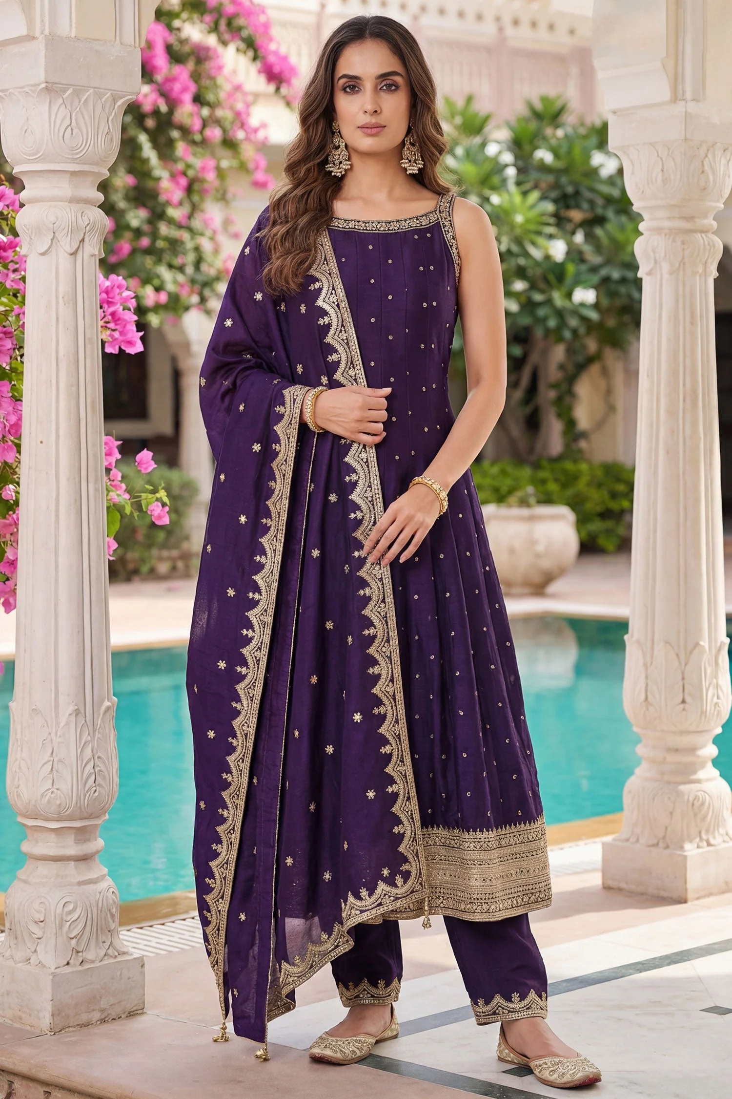 Purple Art Silk Sequins Embroidery Worked Anarkali Suit - Image 3