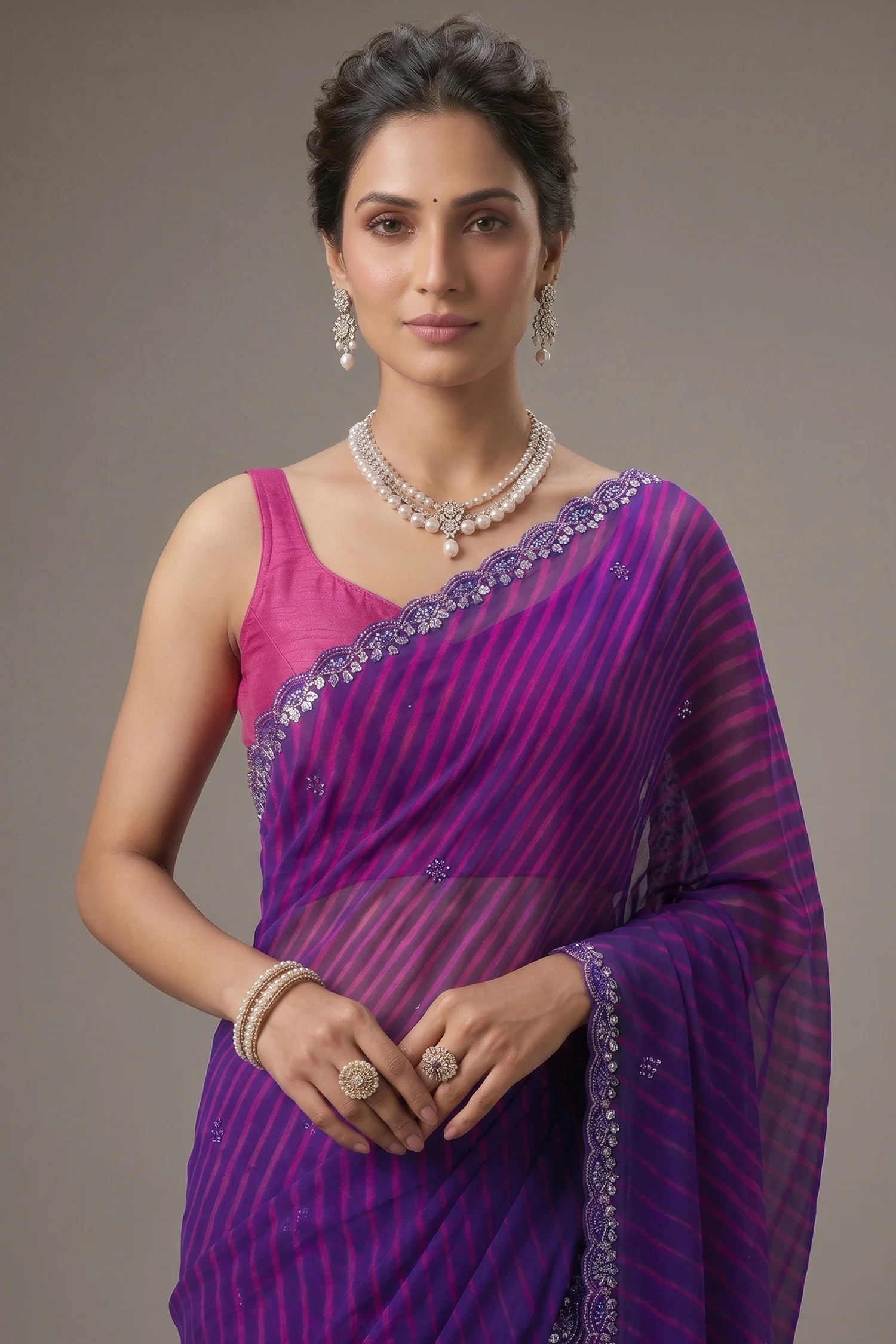 Purple Chiffon Georgette Leheriya Printed Saree with Applique Work - Image 2