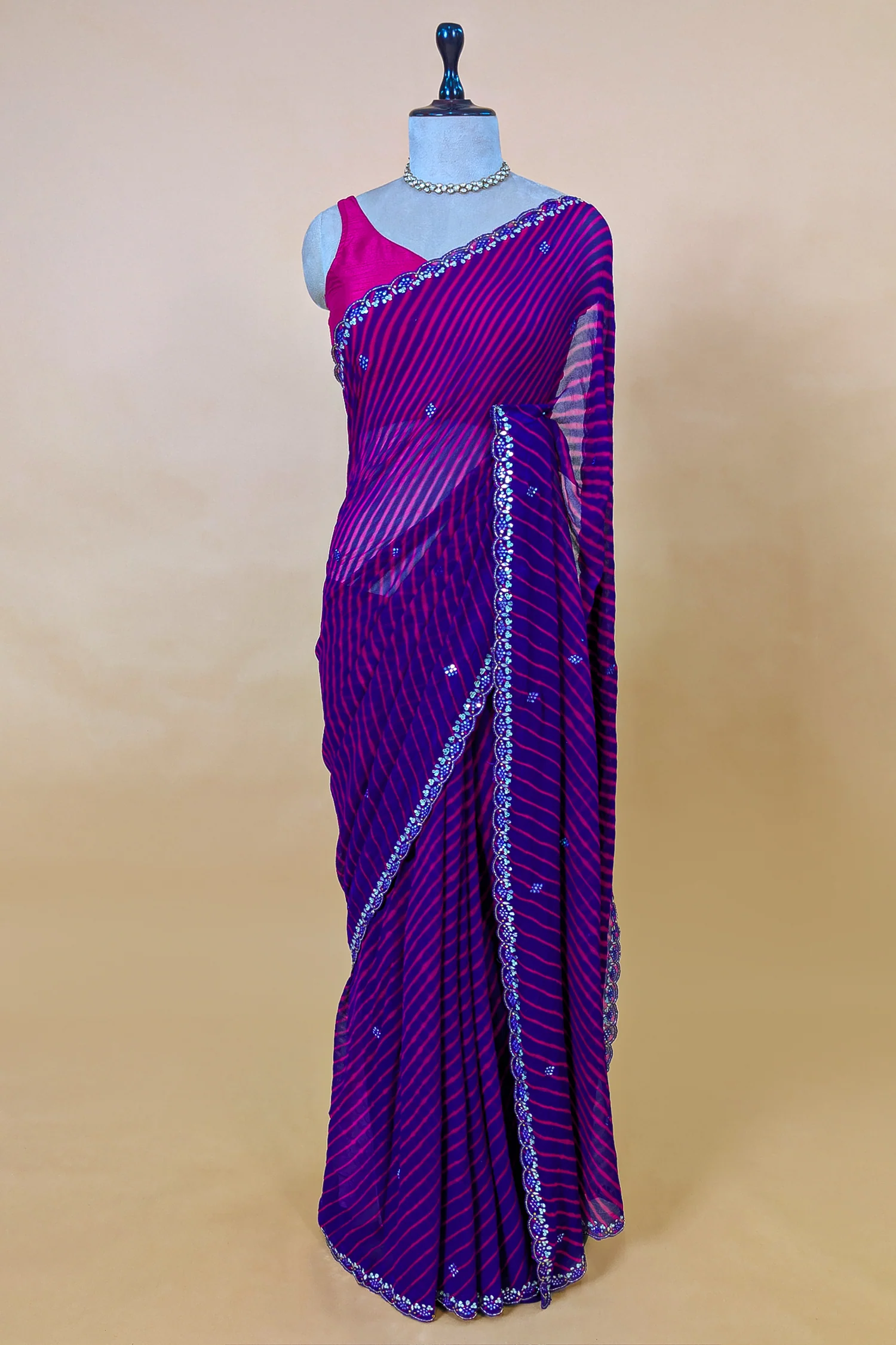 Purple Chiffon Georgette Leheriya Printed Saree with Applique Work - Image 3