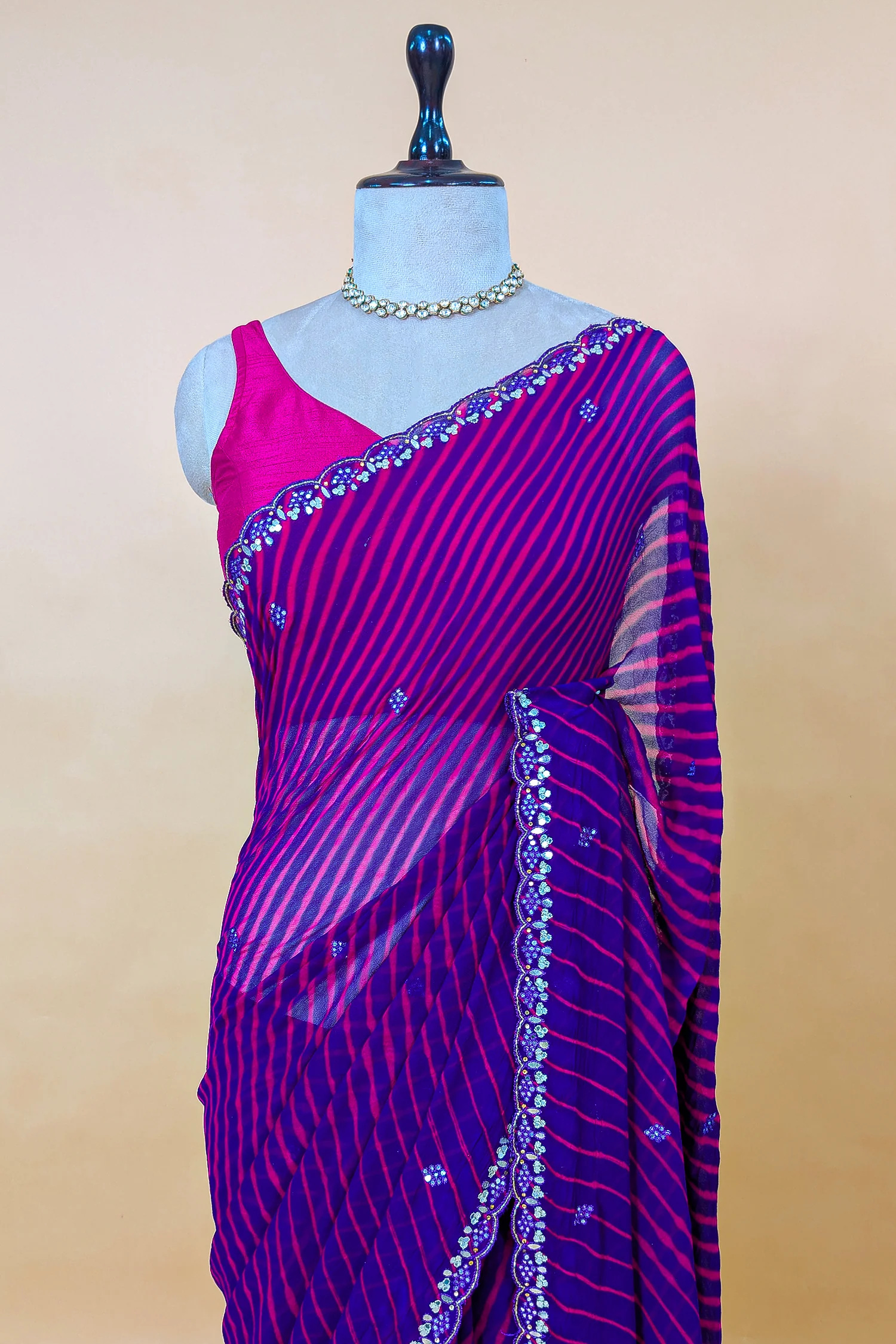 Purple Chiffon Georgette Leheriya Printed Saree with Applique Work - Image 4