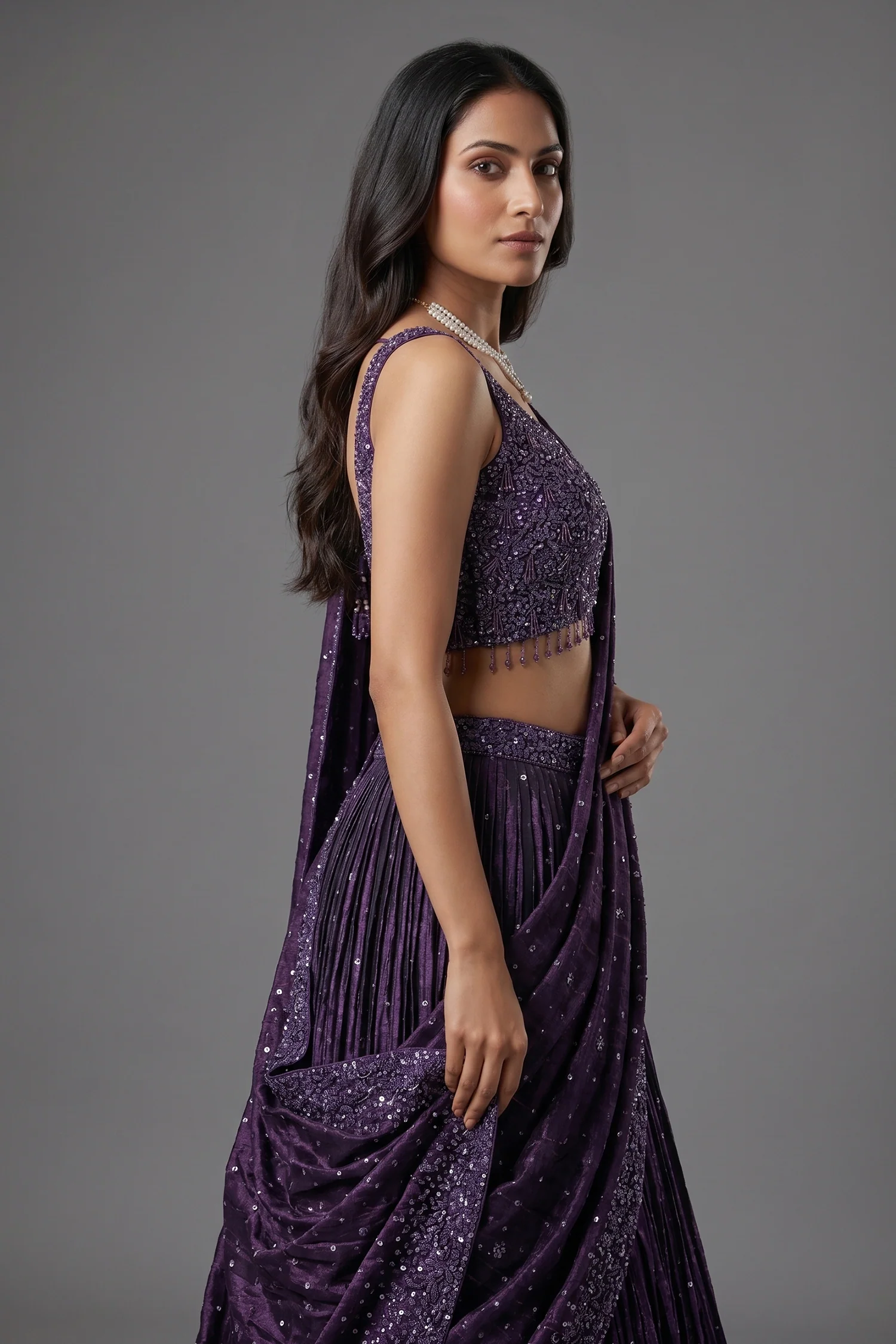 Purple Chinon Silk Sequin and Bead Work Lehenga with Attached Dupatta - Image 2