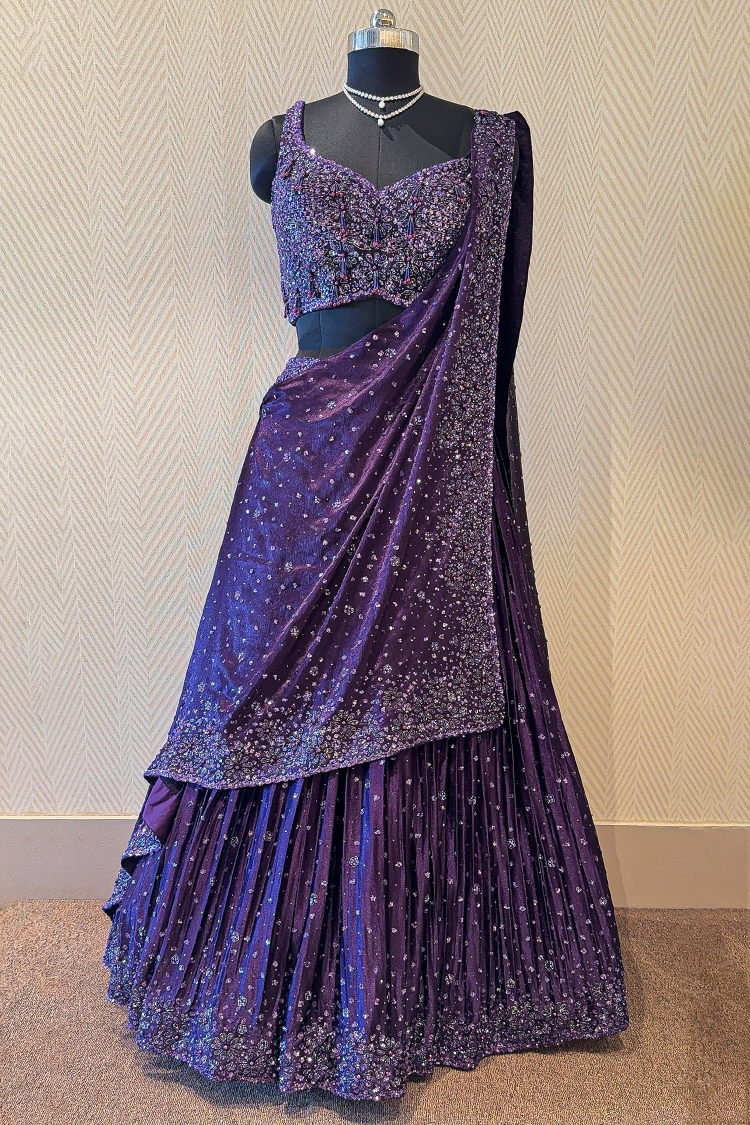 Purple Chinon Silk Sequin and Bead Work Lehenga with Attached Dupatta - Image 3