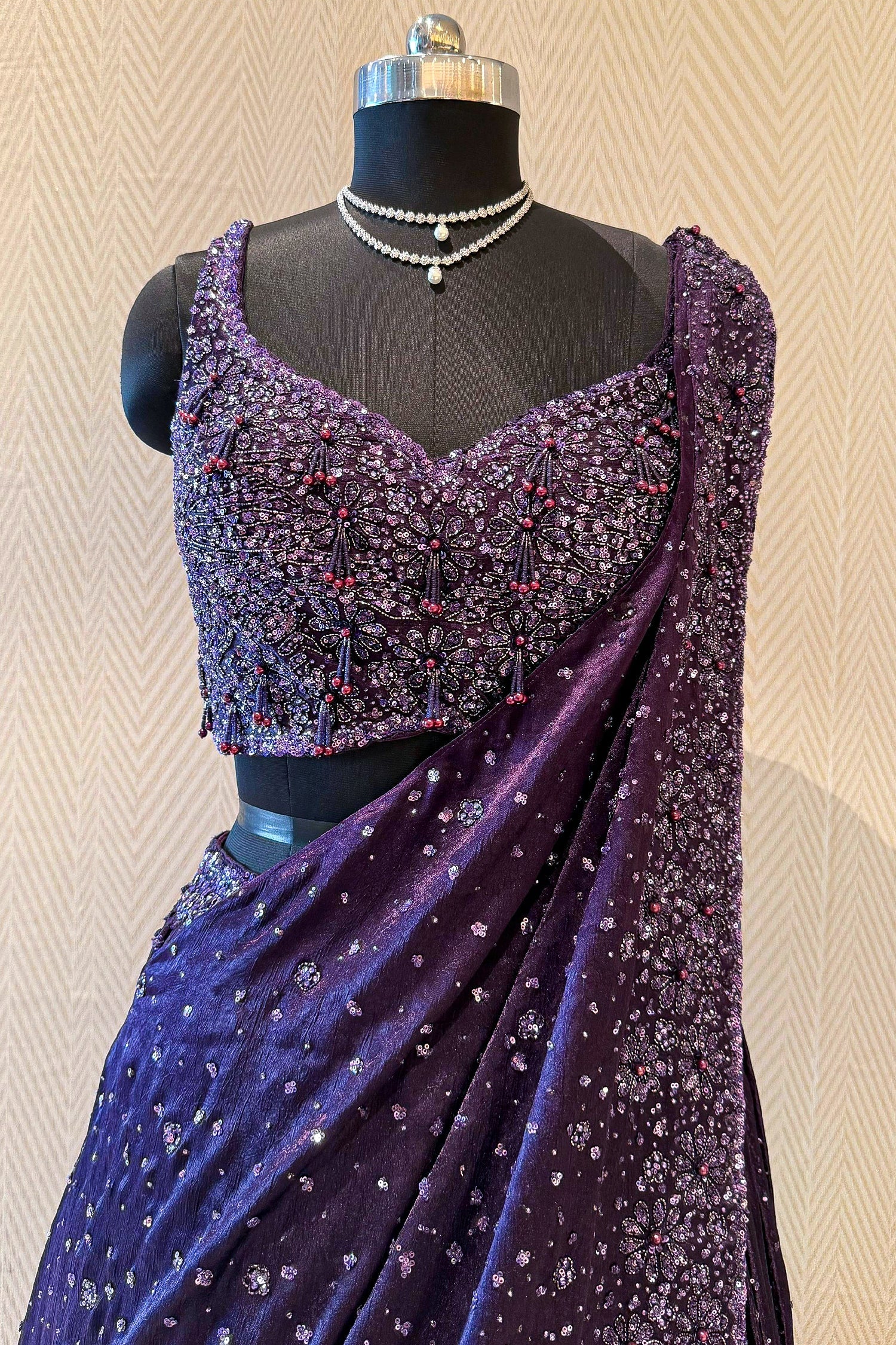 Purple Chinon Silk Sequin and Bead Work Lehenga with Attached Dupatta - Image 4