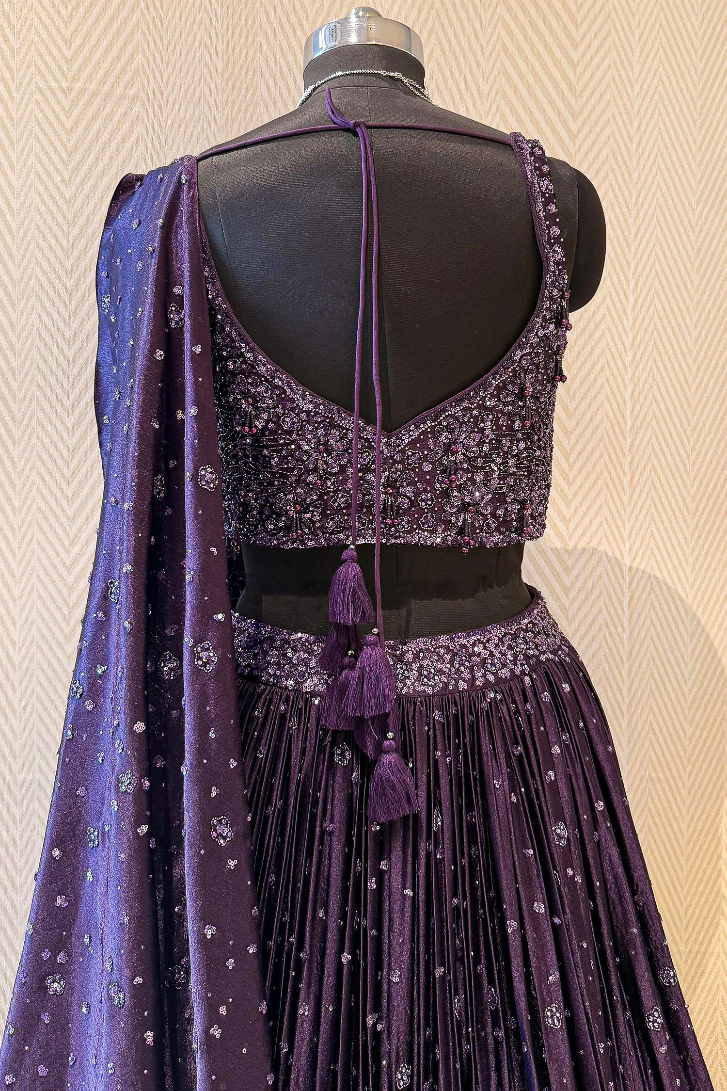 Purple Chinon Silk Sequin and Bead Work Lehenga with Attached Dupatta - Image 5