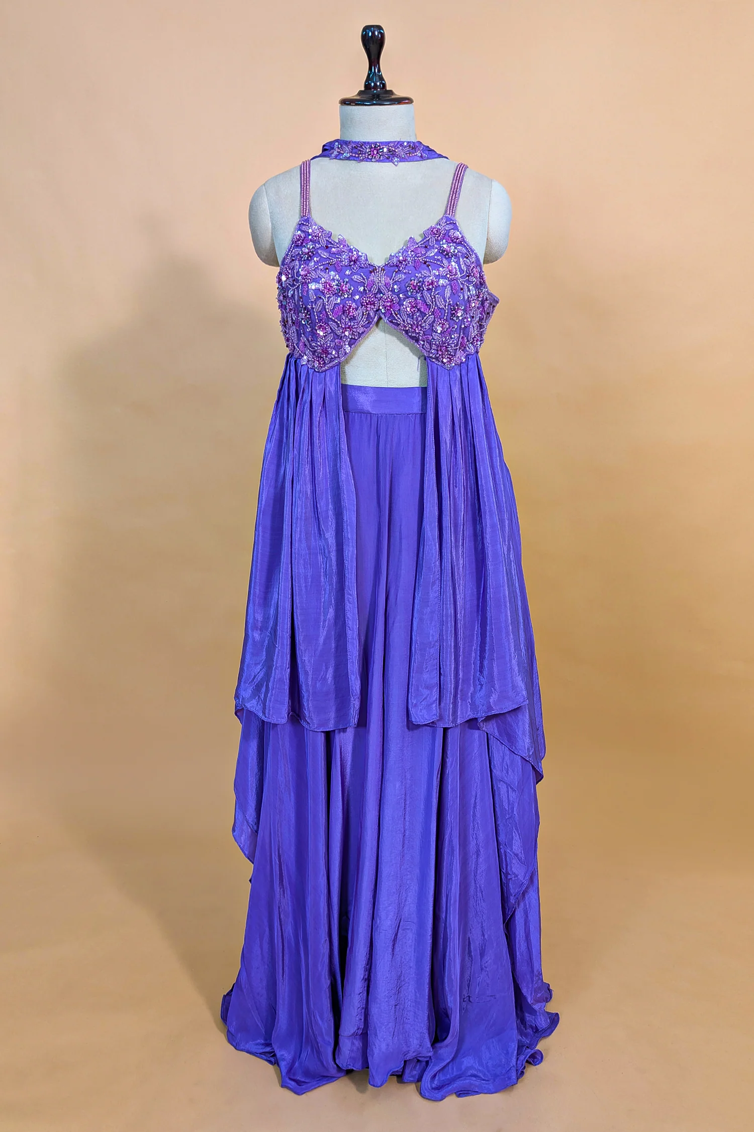 Purple Crepe Net Silk Sequin Beaded High Slit Cut Palazzo Suit - Image 3