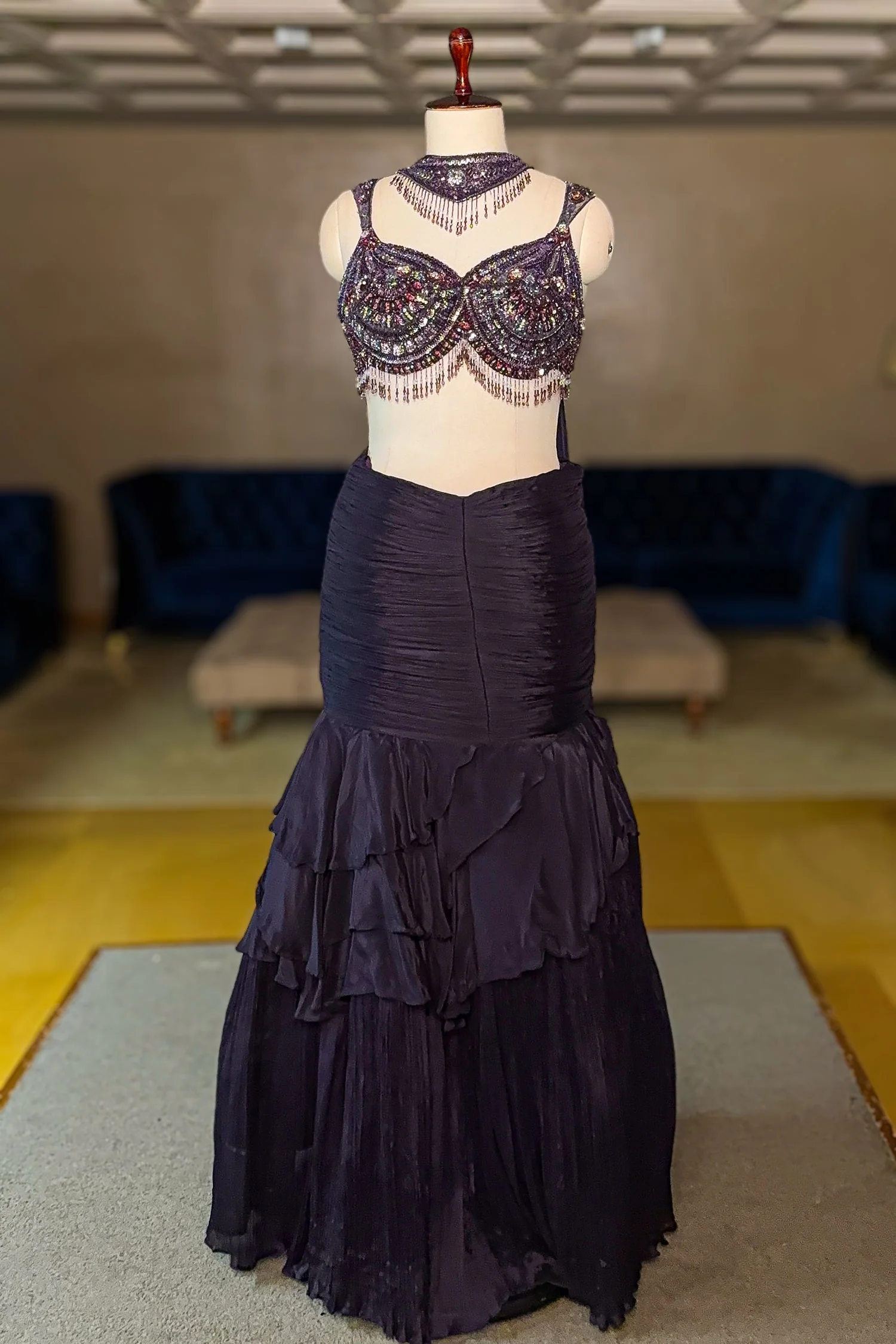 Purple Fish-Cut Ruffled Lehenga with Designer Blouse - Image 3