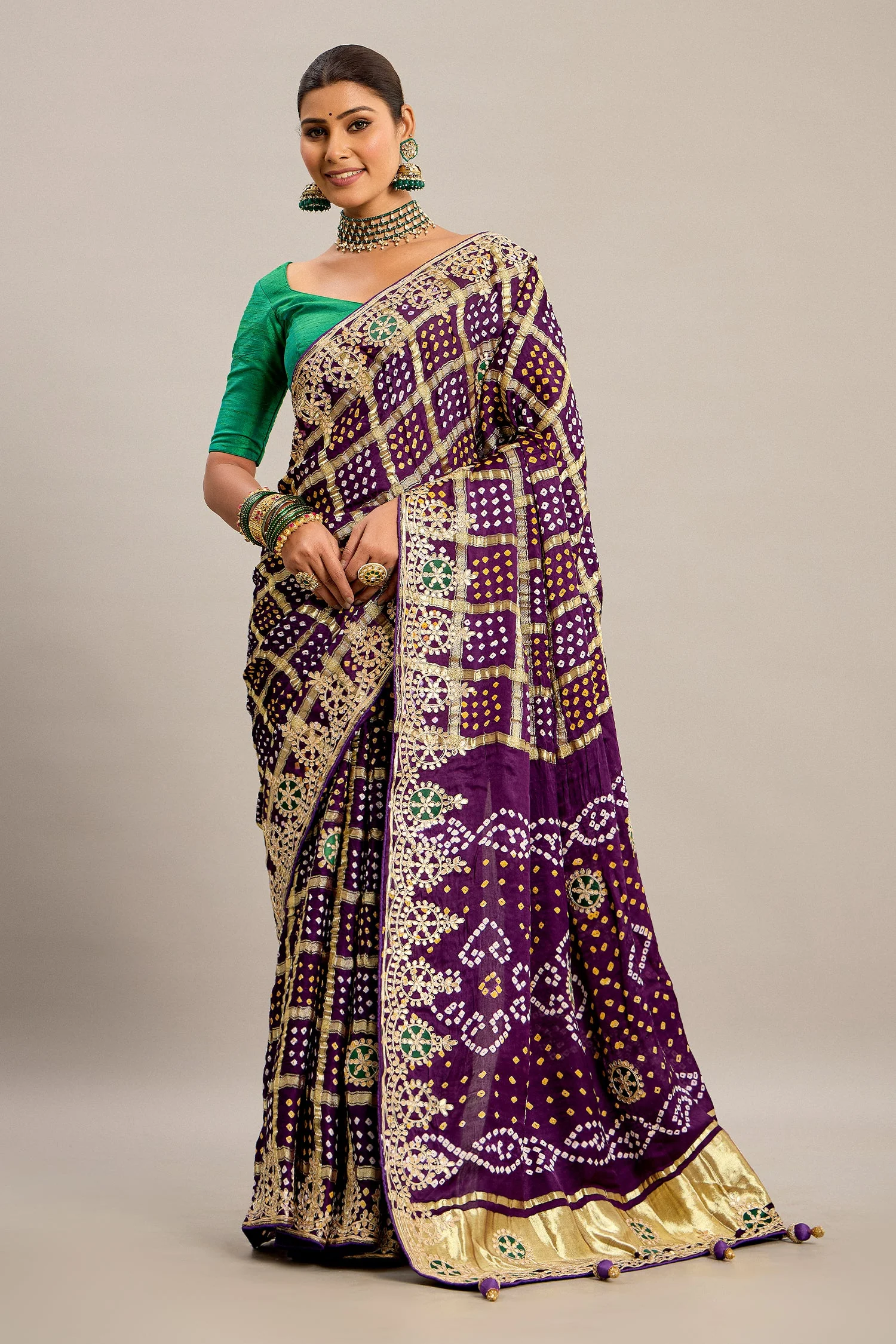 Purple Gaji Silk Checks Bandhej Saree with Pitta Work - Image 2