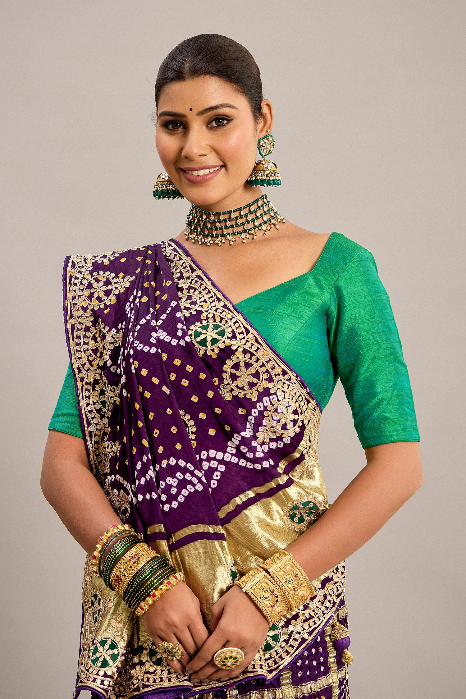 Purple Gaji Silk Checks Bandhej Saree with Pitta Work - Image 4