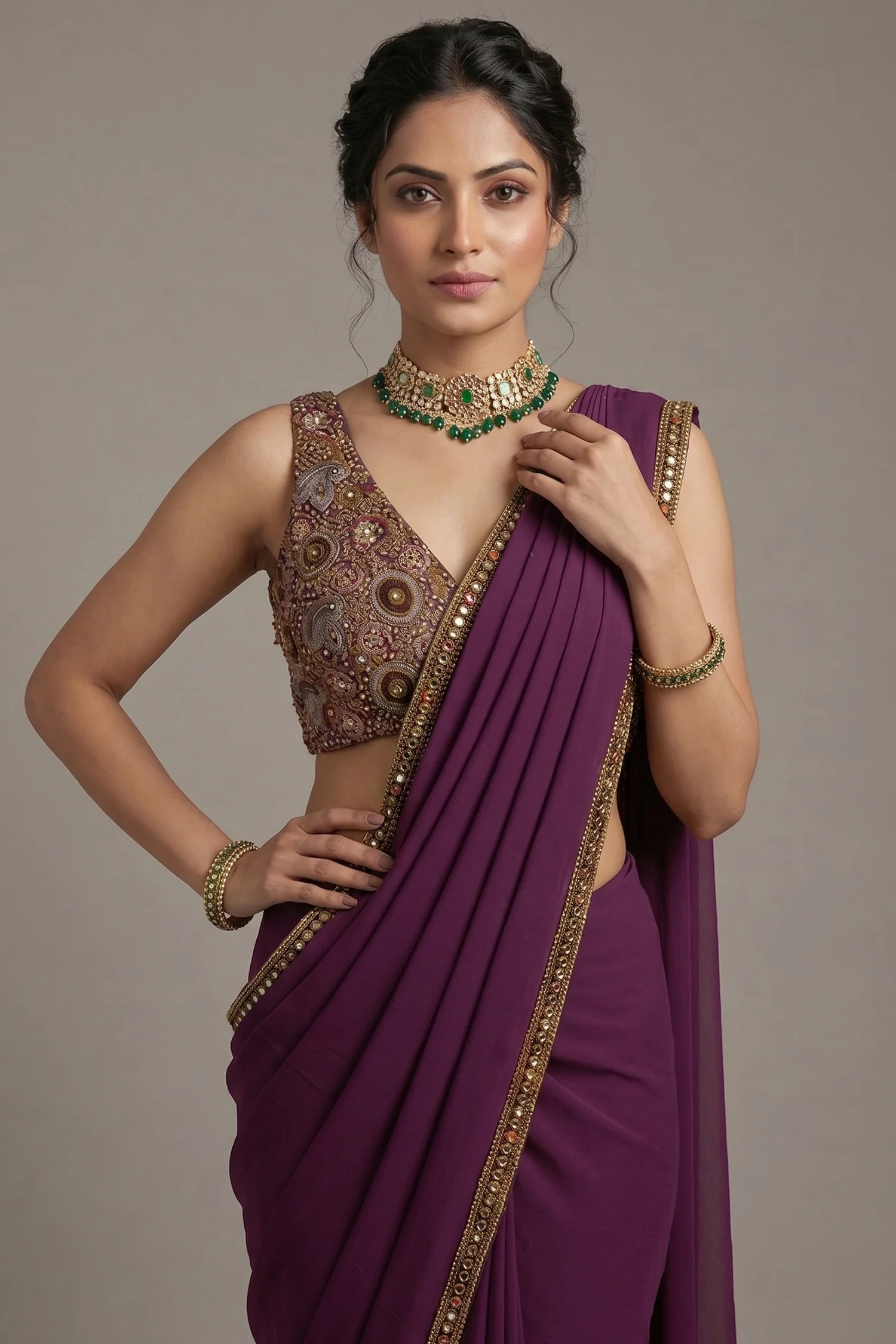 Purple Georgette Crepe Pre Draped Saree with Metallic Work Blouse - Image 2