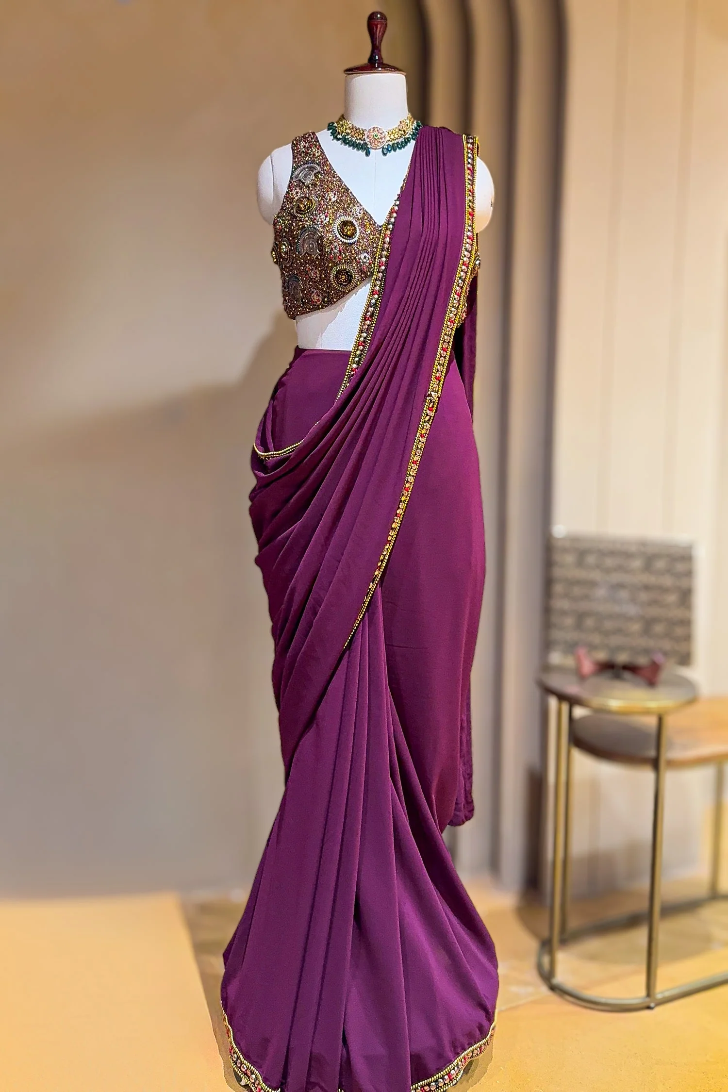 Purple Georgette Crepe Pre Draped Saree with Metallic Work Blouse - Image 8