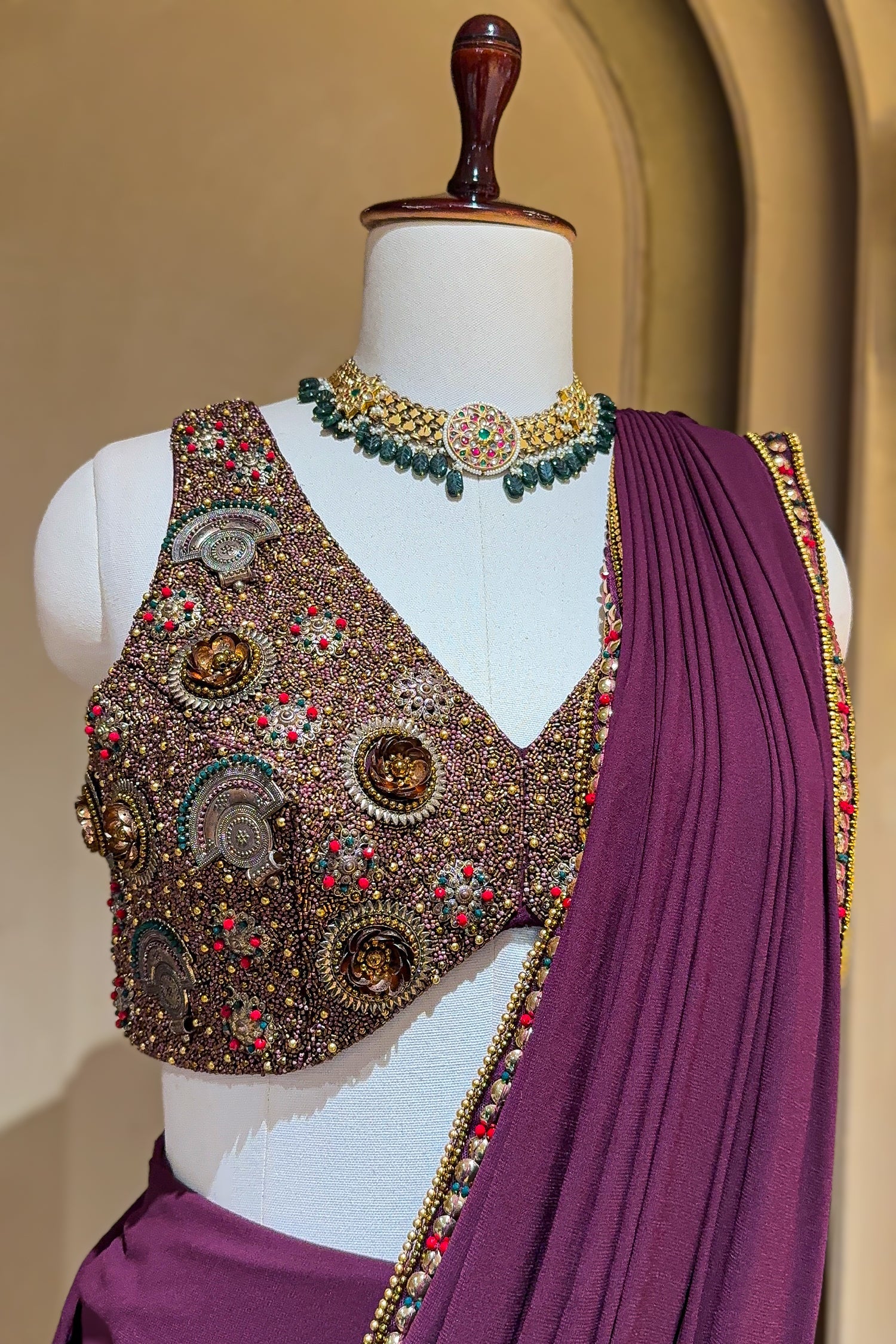 Purple Georgette Crepe Pre Draped Saree with Metallic Work Blouse - Image 9