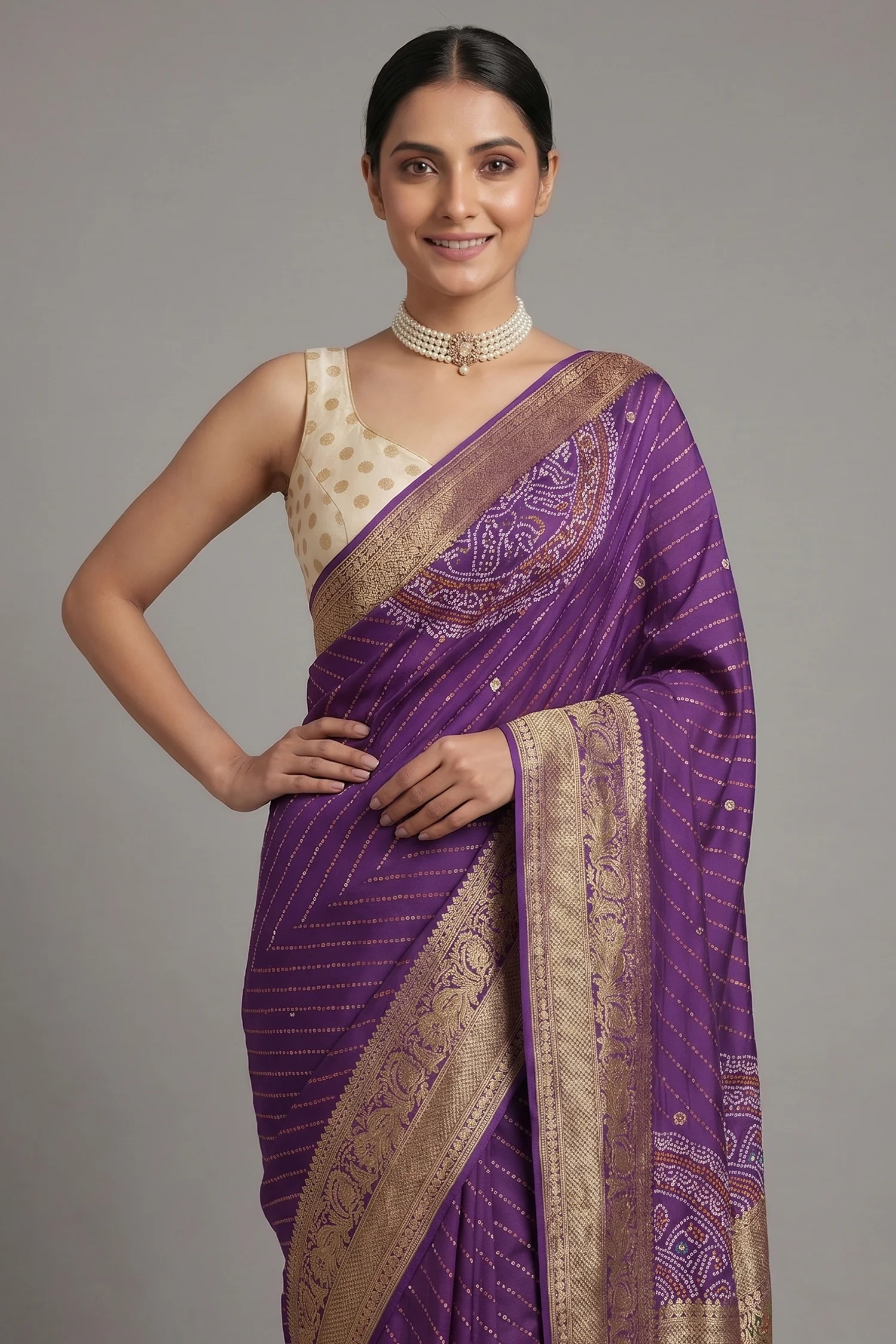 Purple Georgette Printed Saree with Woven and Cutdana Worked Pallu - Image 2