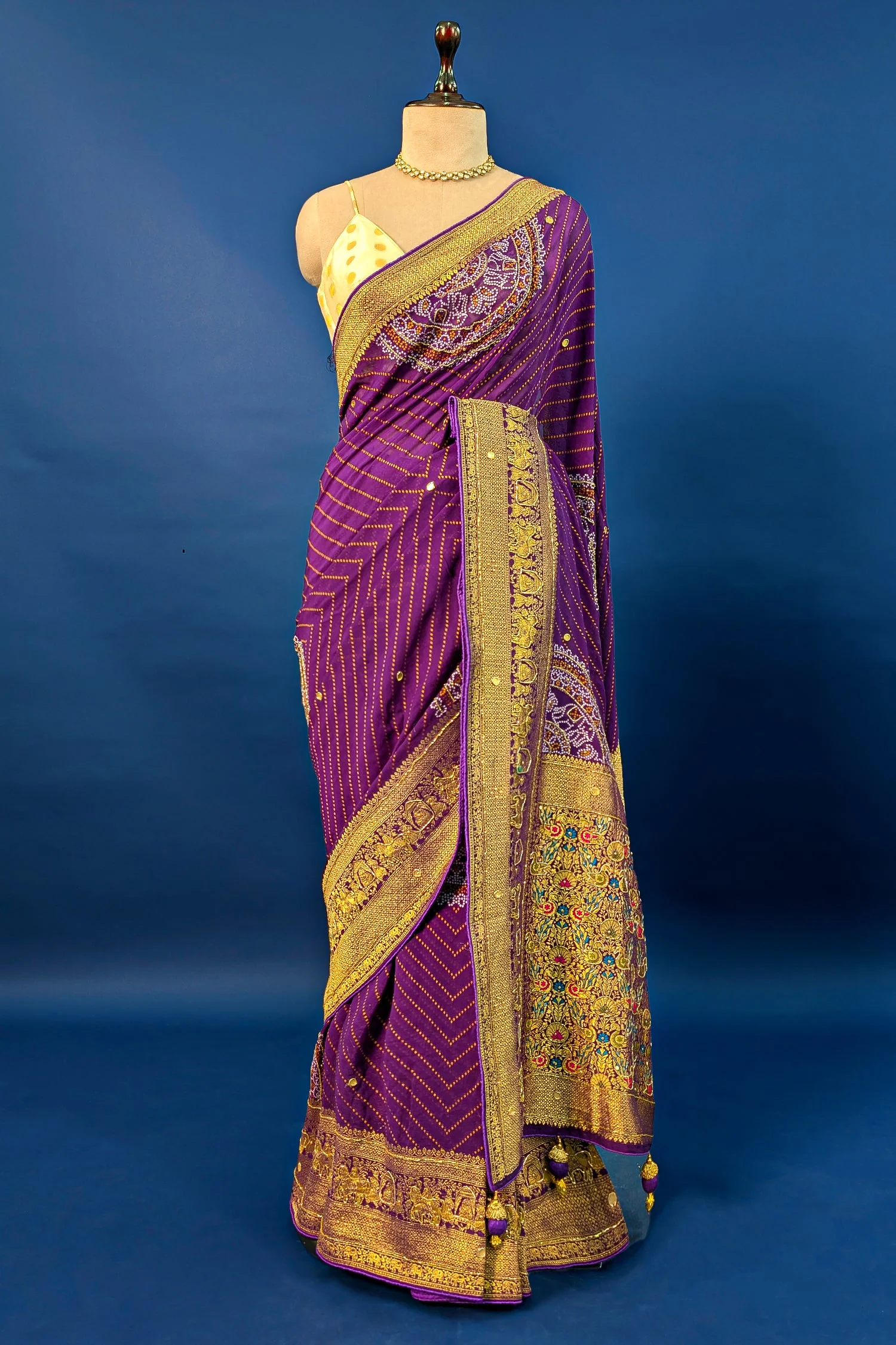 Purple Georgette Printed Saree with Woven and Cutdana Worked Pallu - Image 3
