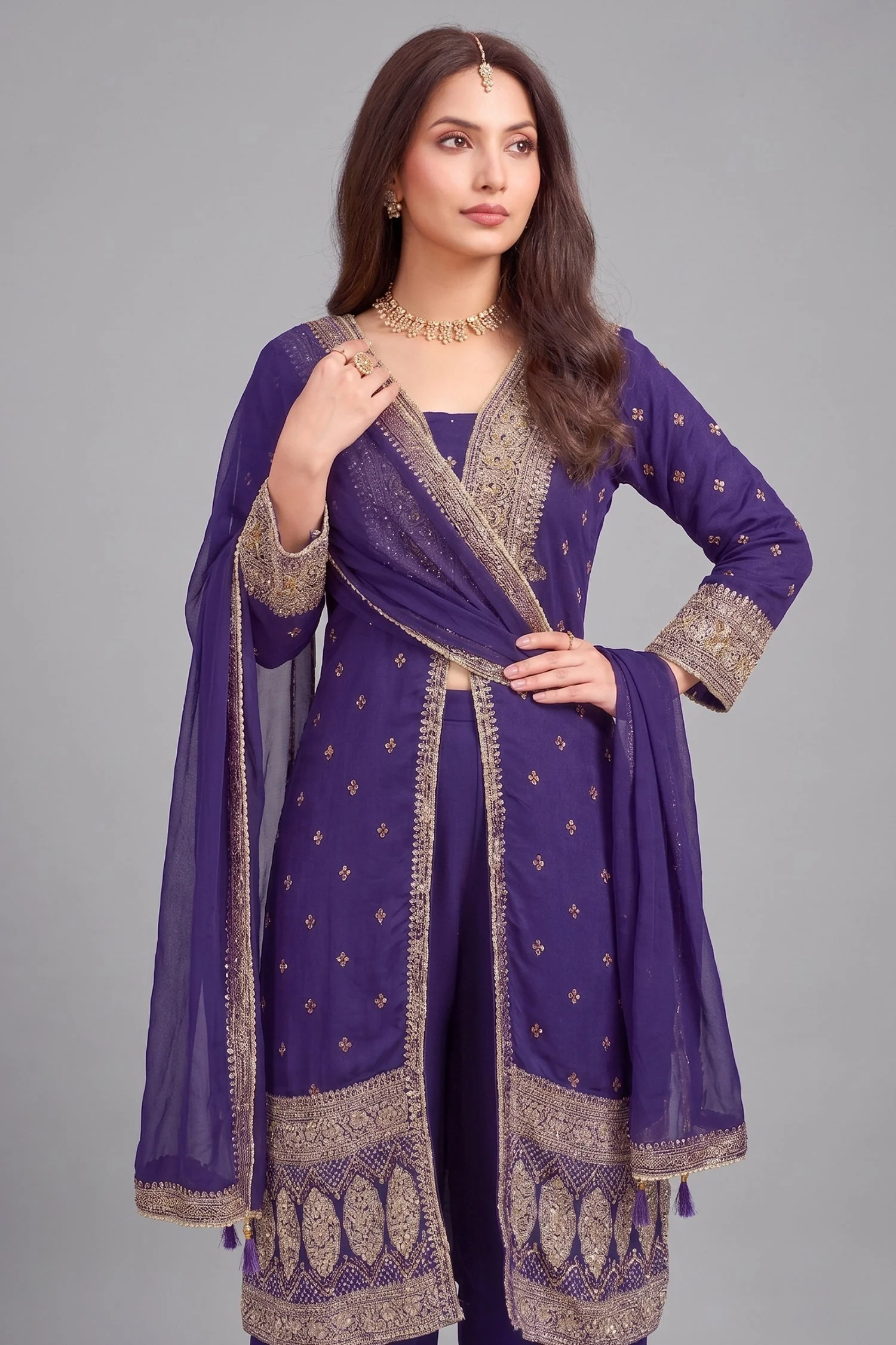 Purple Georgette Slit Cut Suit - Image 2