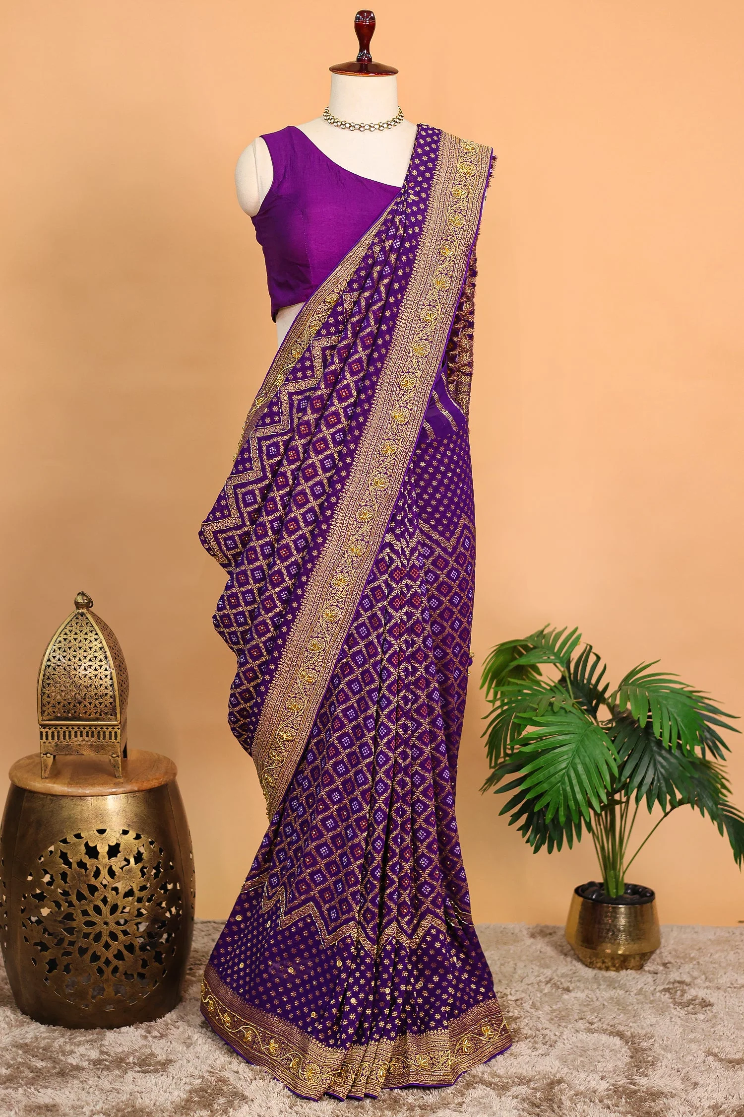 Purple Georgette Traditional Bandhej Saree with Cutdana and Bead Work - Image 2