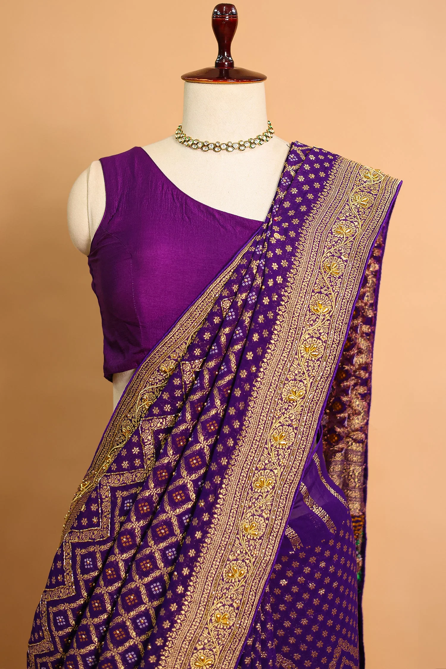 Purple Georgette Traditional Bandhej Saree with Cutdana and Bead Work - Image 3
