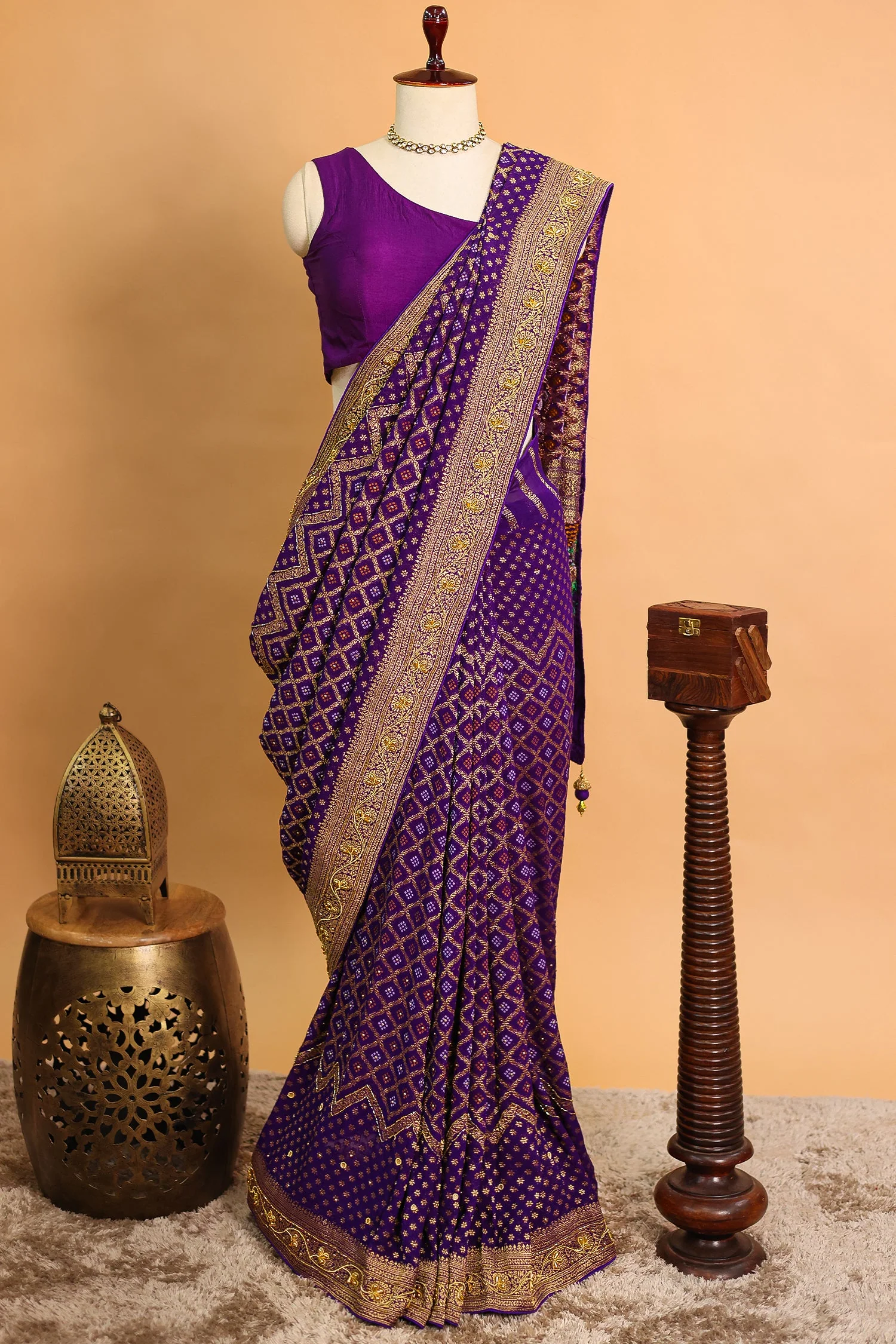 Purple Georgette Traditional Bandhej Saree with Cutdana and Bead Work - Image 4