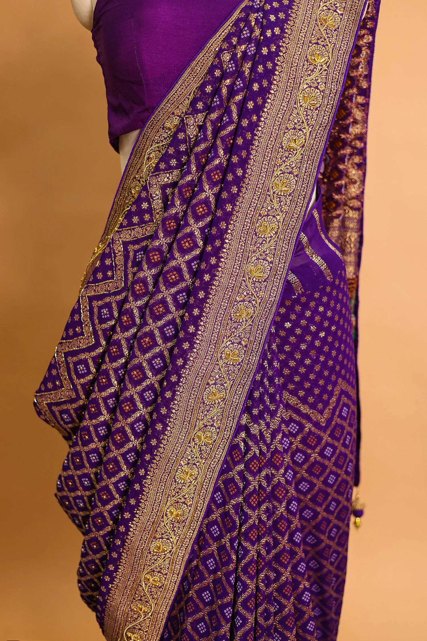Purple Georgette Traditional Bandhej Saree with Cutdana and Bead Work - Image 5