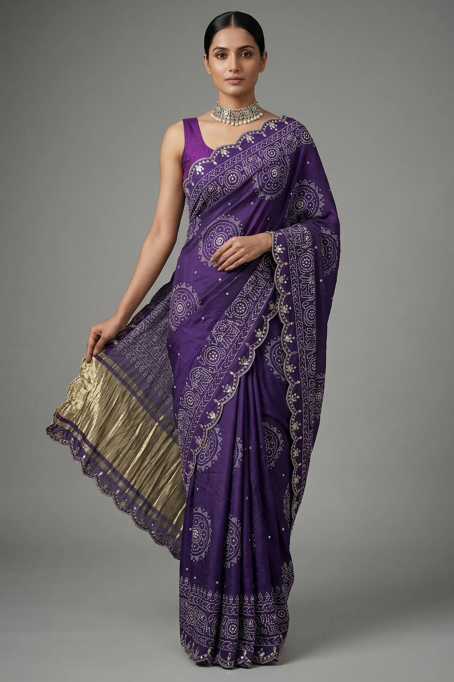 Purple Modal Silk Ajrakh Printed Saree with Applique and Gota Work
