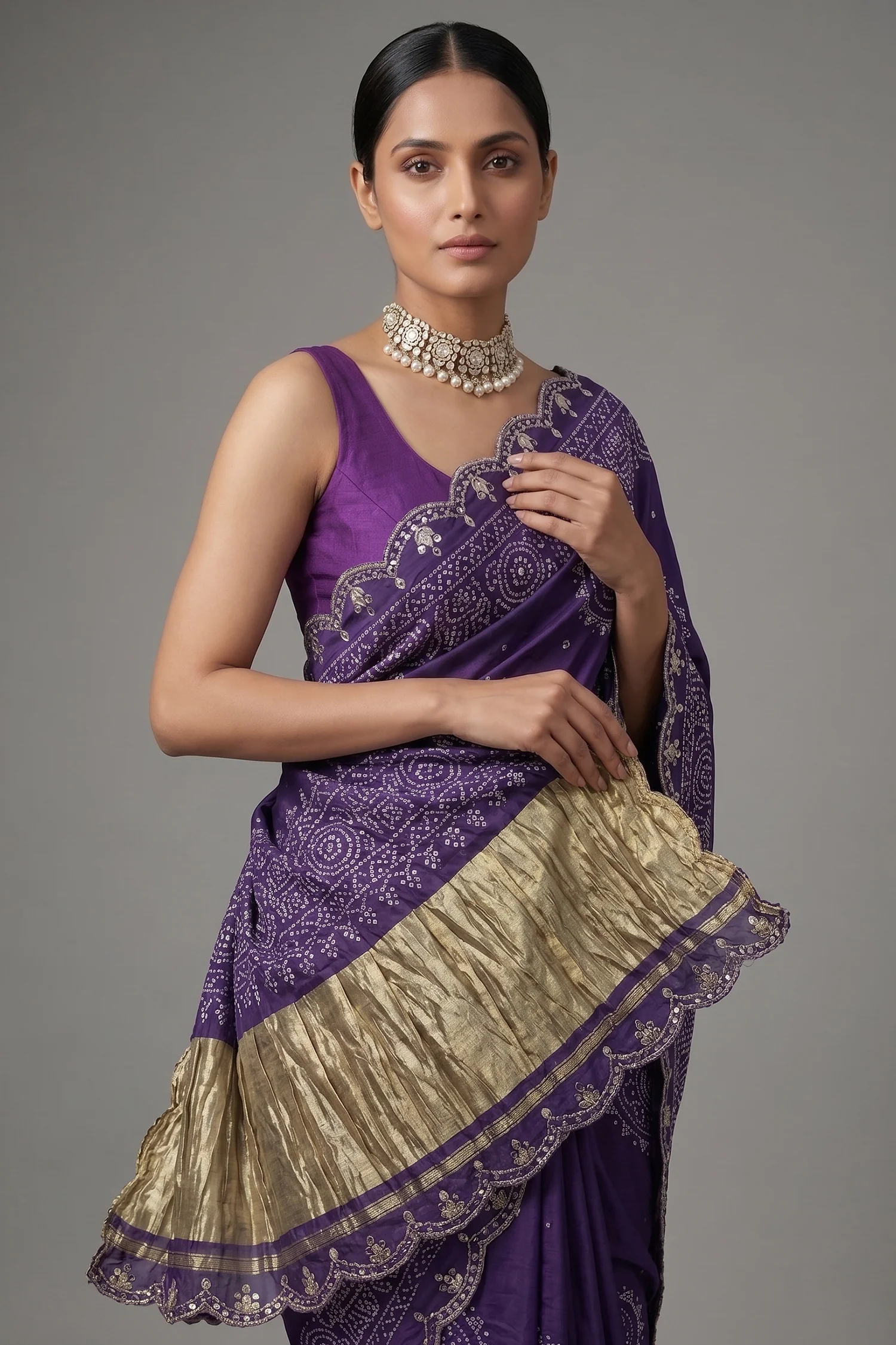 Purple Modal Silk Ajrakh Printed Saree with Applique and Gota Work - Image 2
