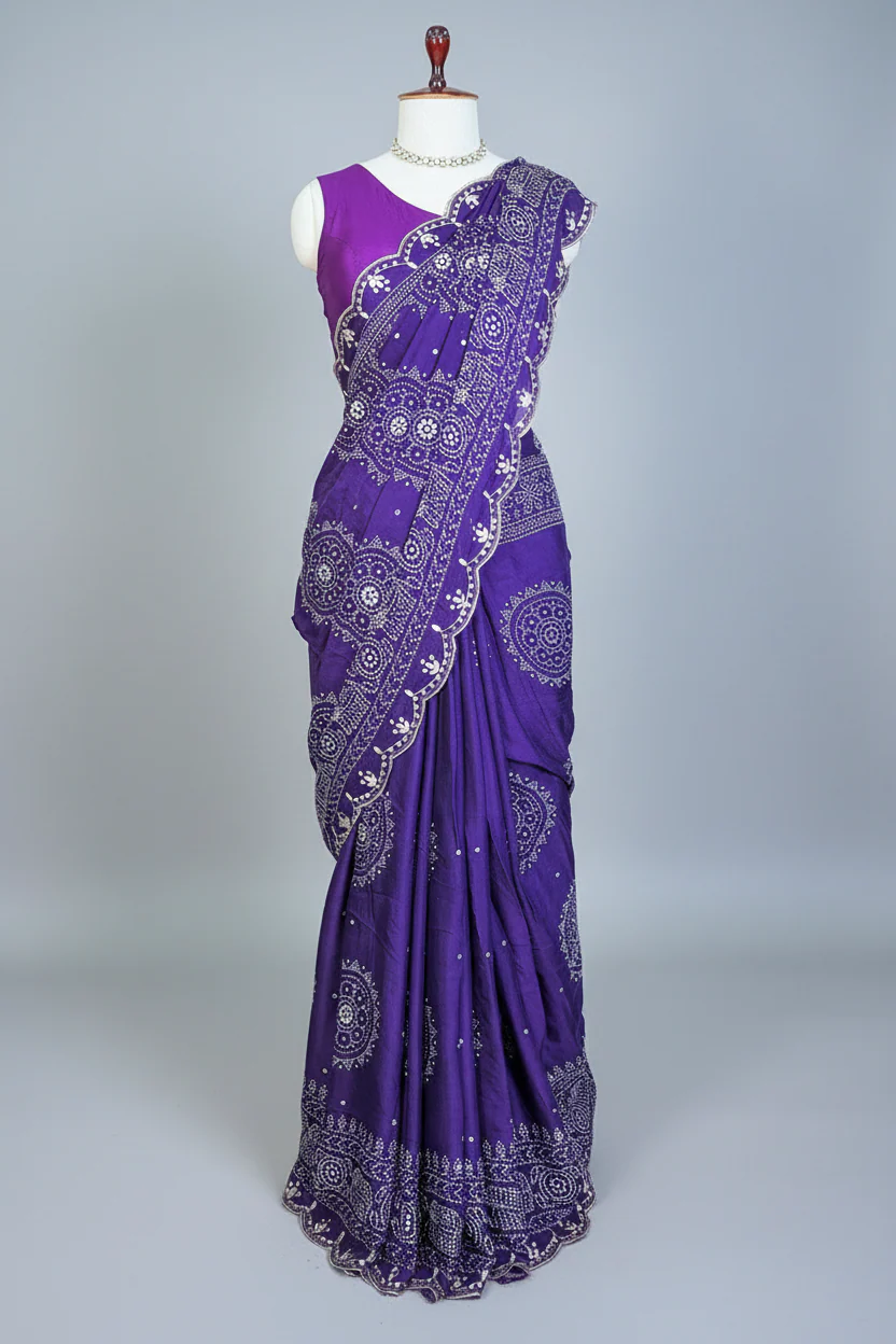 Purple Modal Silk Ajrakh Printed Saree with Applique and Gota Work - Image 3