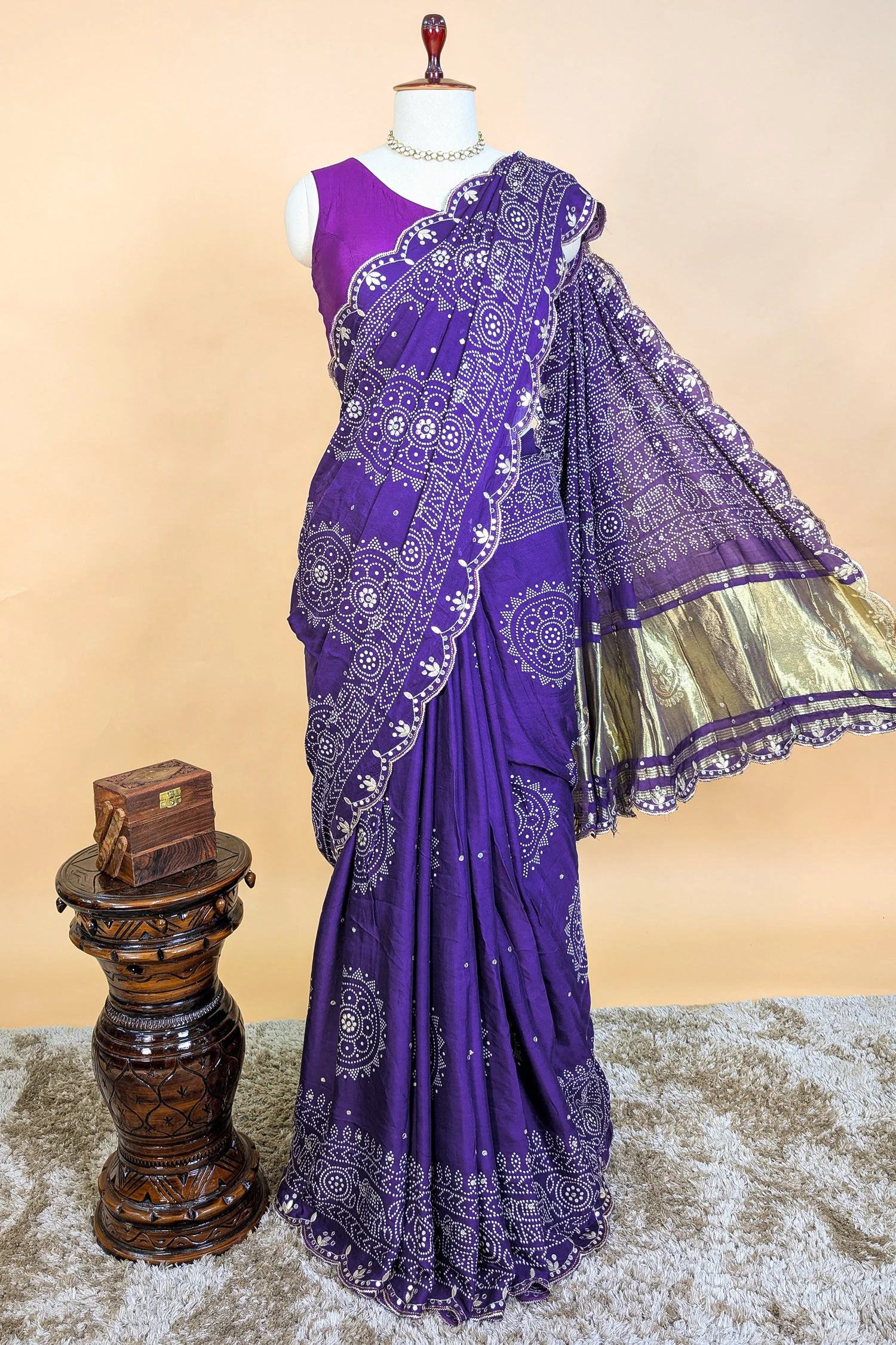 Purple Modal Silk Ajrakh Printed Saree with Applique and Gota Work - Image 4