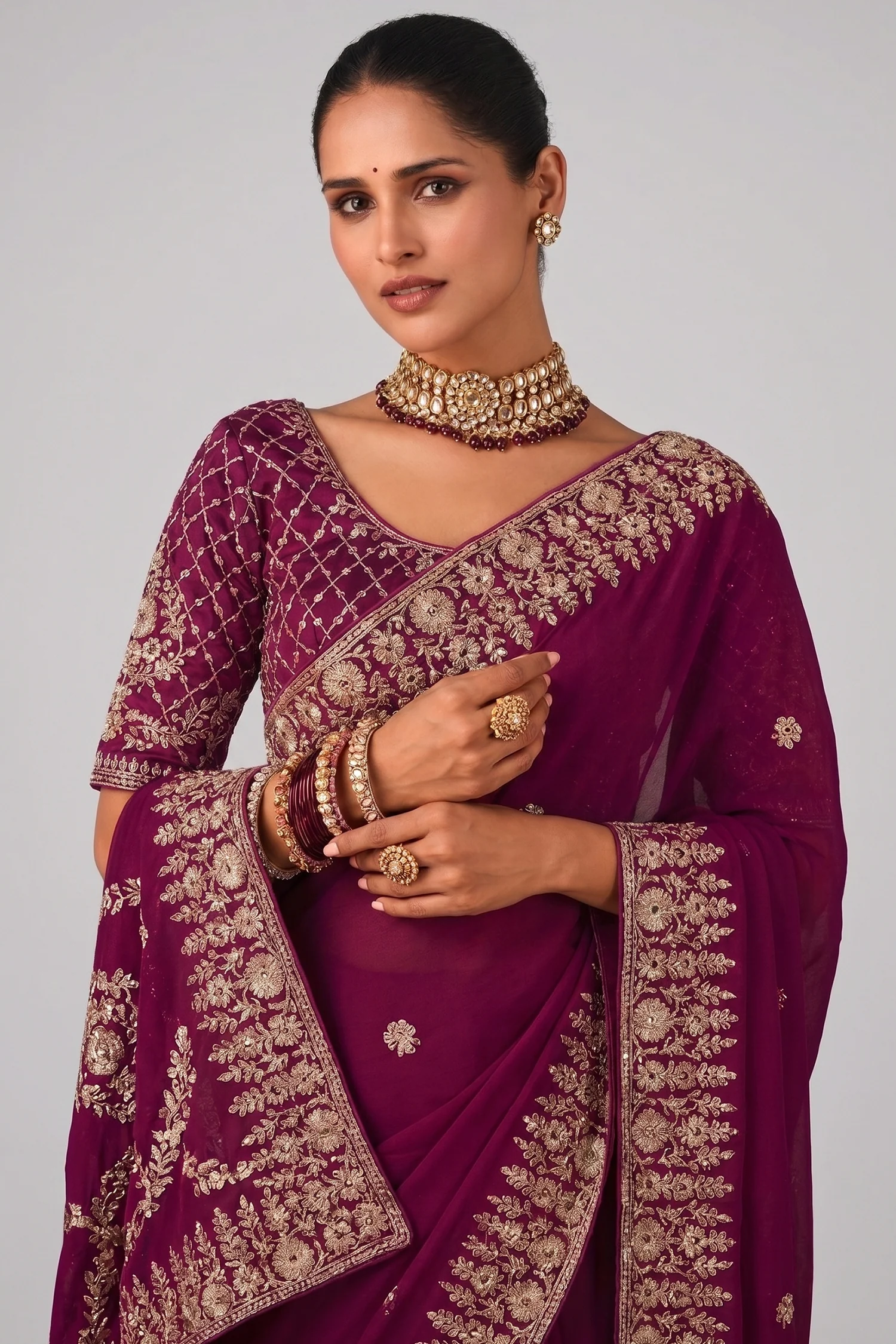 Purple Organza Saree with Embroidery - Image 2