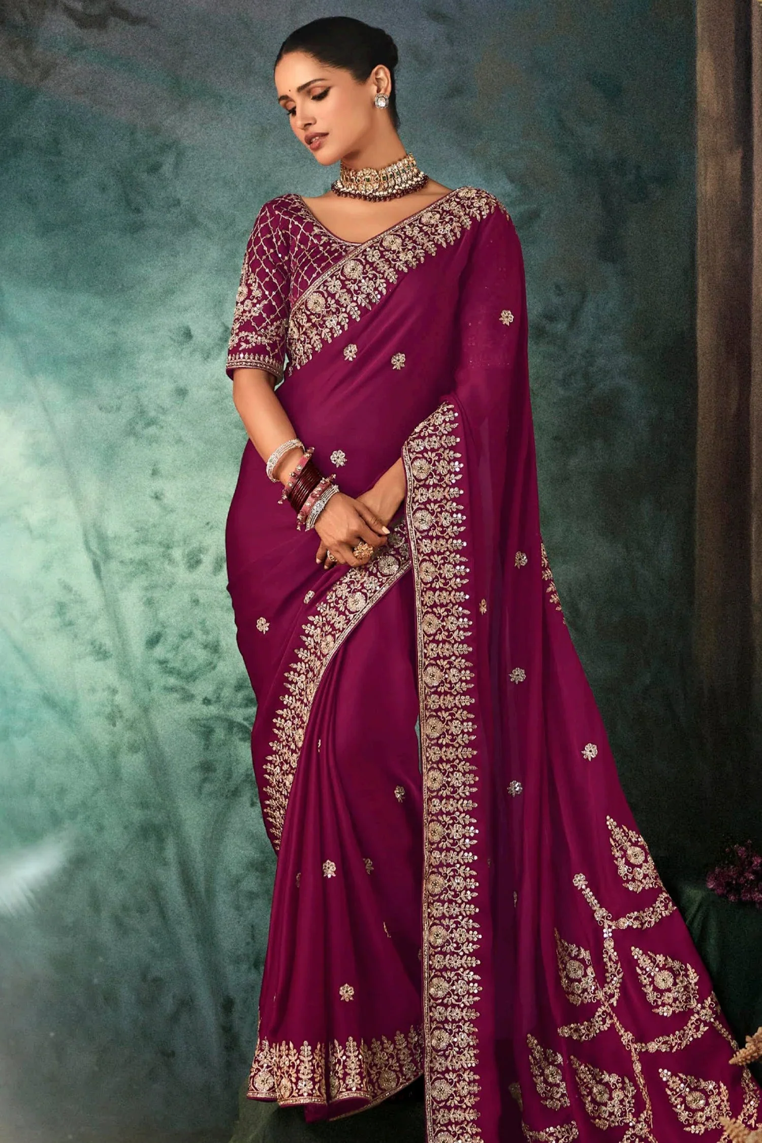 Purple Organza Saree with Embroidery - Image 3