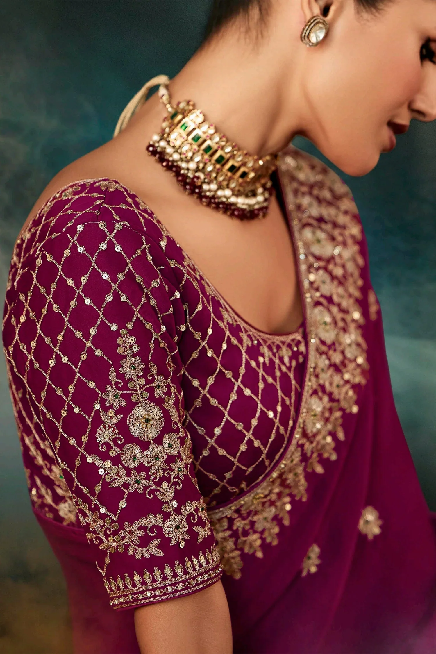 Purple Organza Saree with Embroidery - Image 4