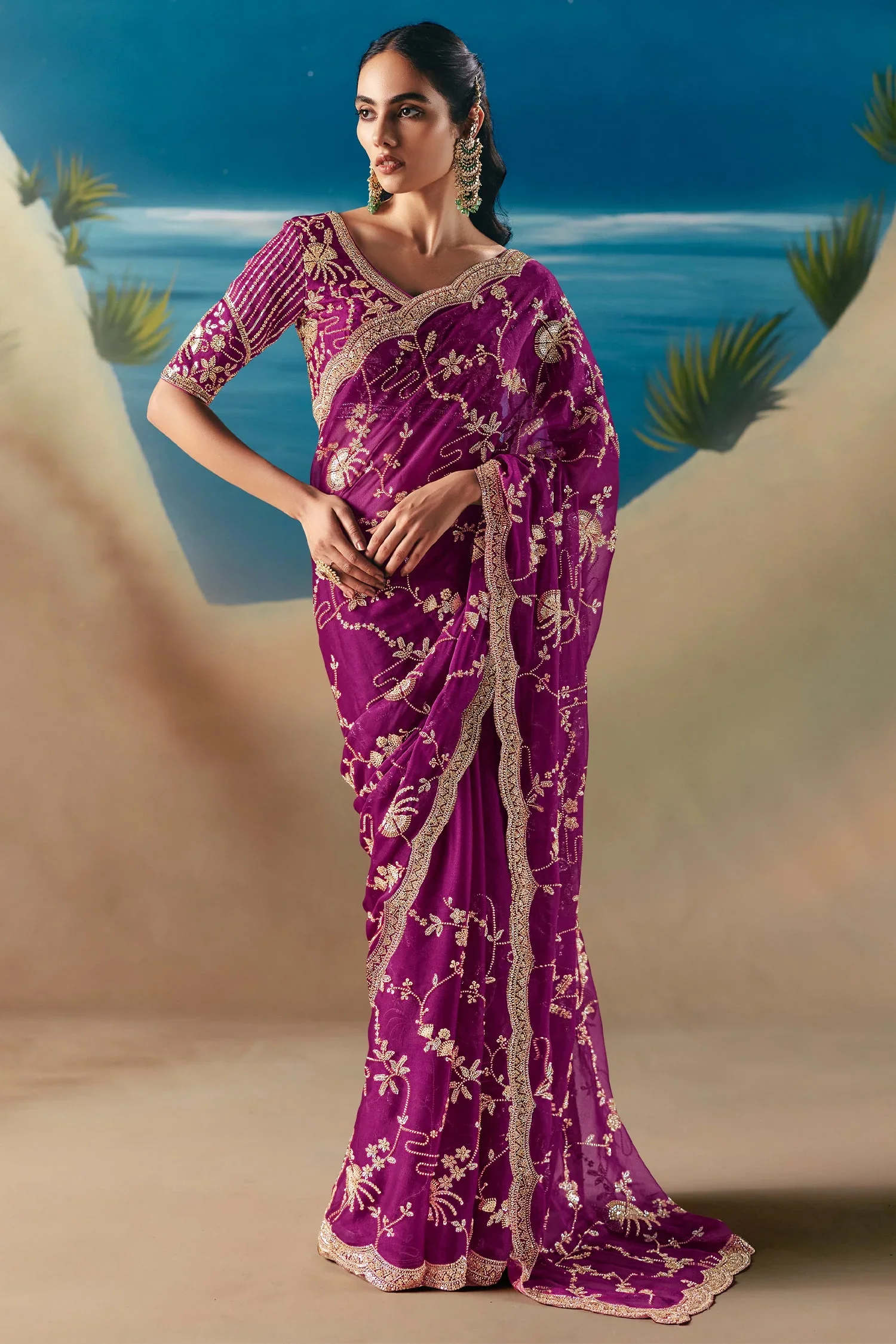 Purple Tissue Organza Saree with Sequin Beaded Motif - Image 2