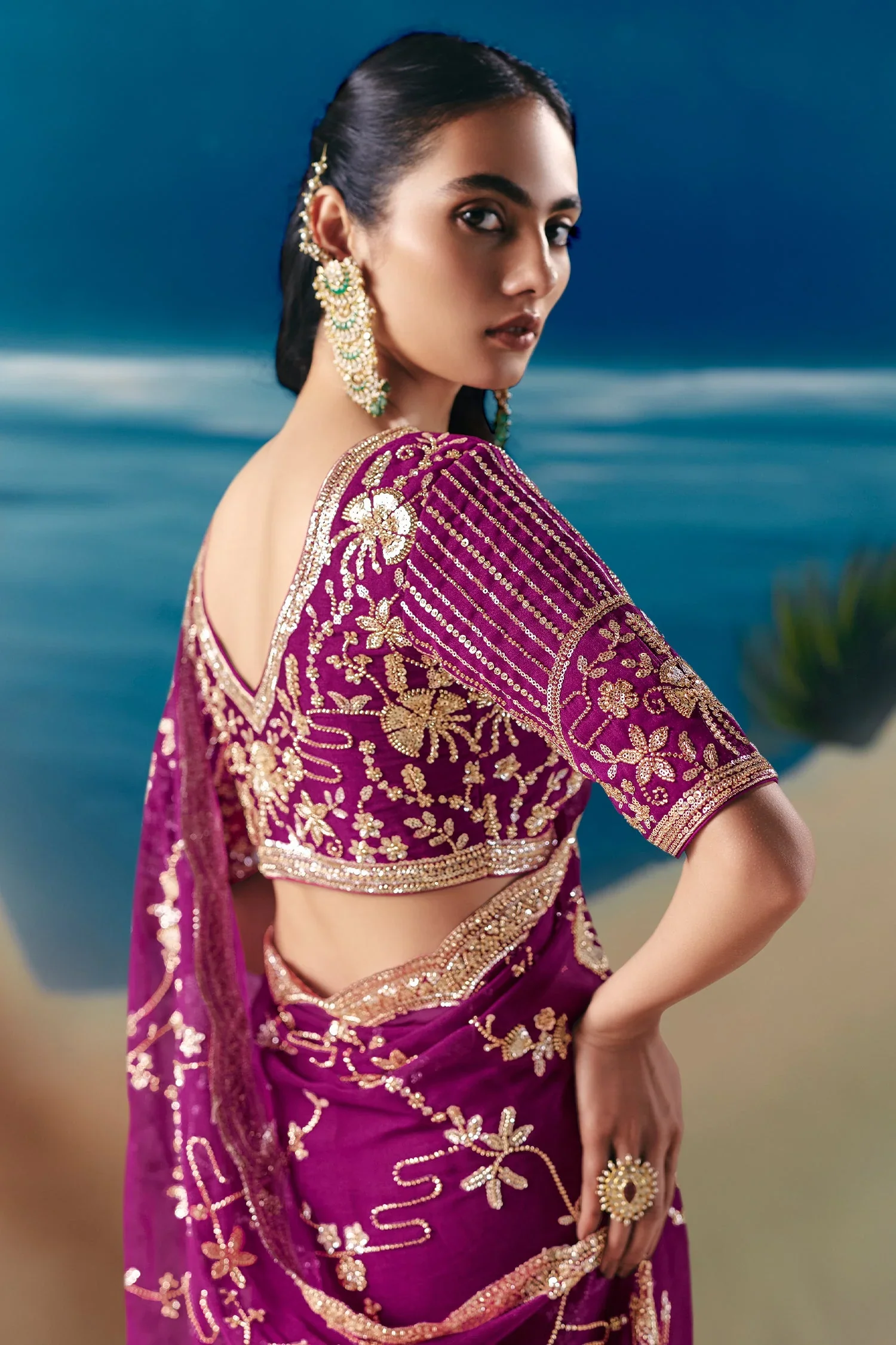 Purple Tissue Organza Saree with Sequin Beaded Motif - Image 3