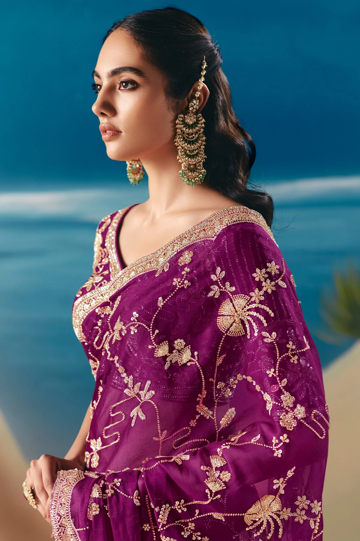Purple Tissue Organza Saree with Sequin Beaded Motif - Image 4