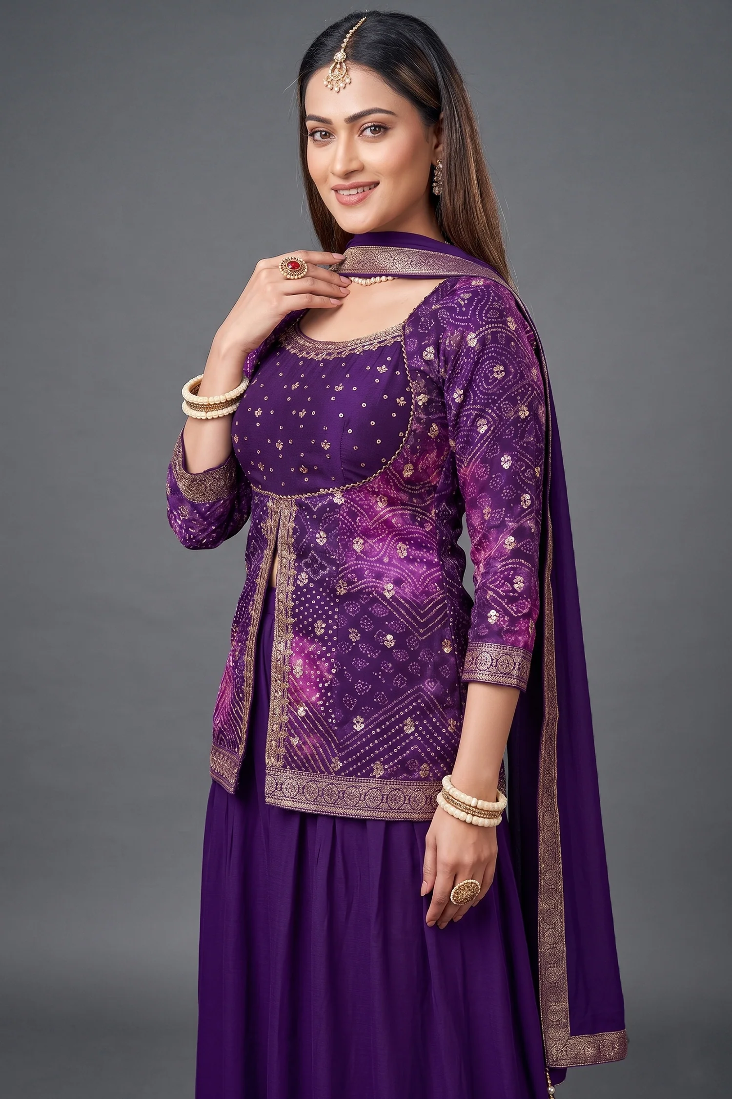 Purple Printed Slit Cut Palazzo Suit - Image 2