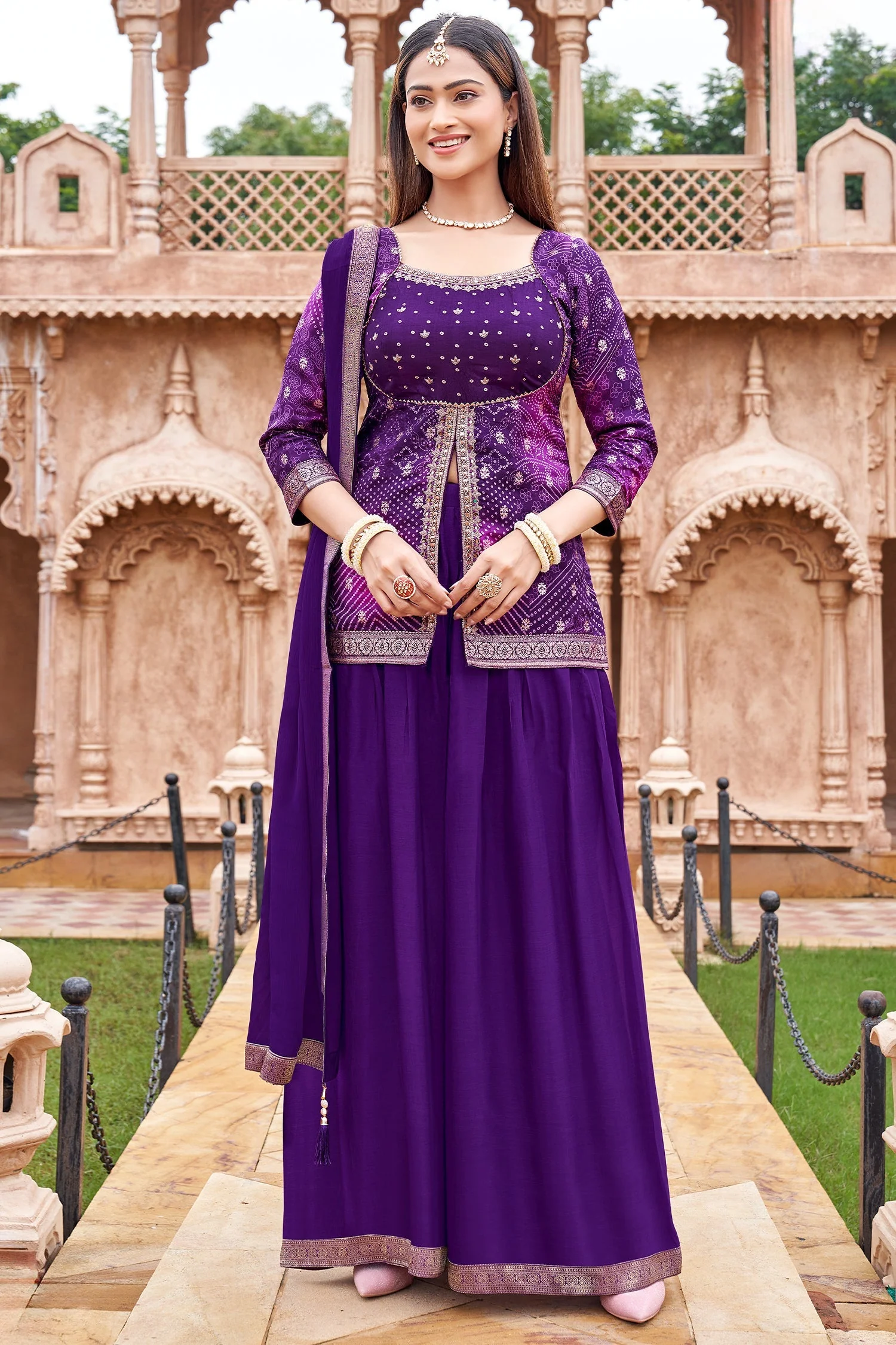 Purple Printed Slit Cut Palazzo Suit - Image 3