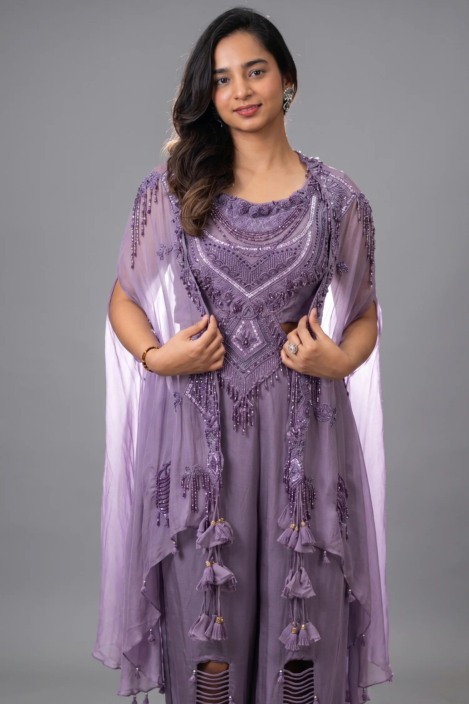 Purple Raw Silk Designer Heavy Worked Crop Top Palazzo with Jacket - Image 2