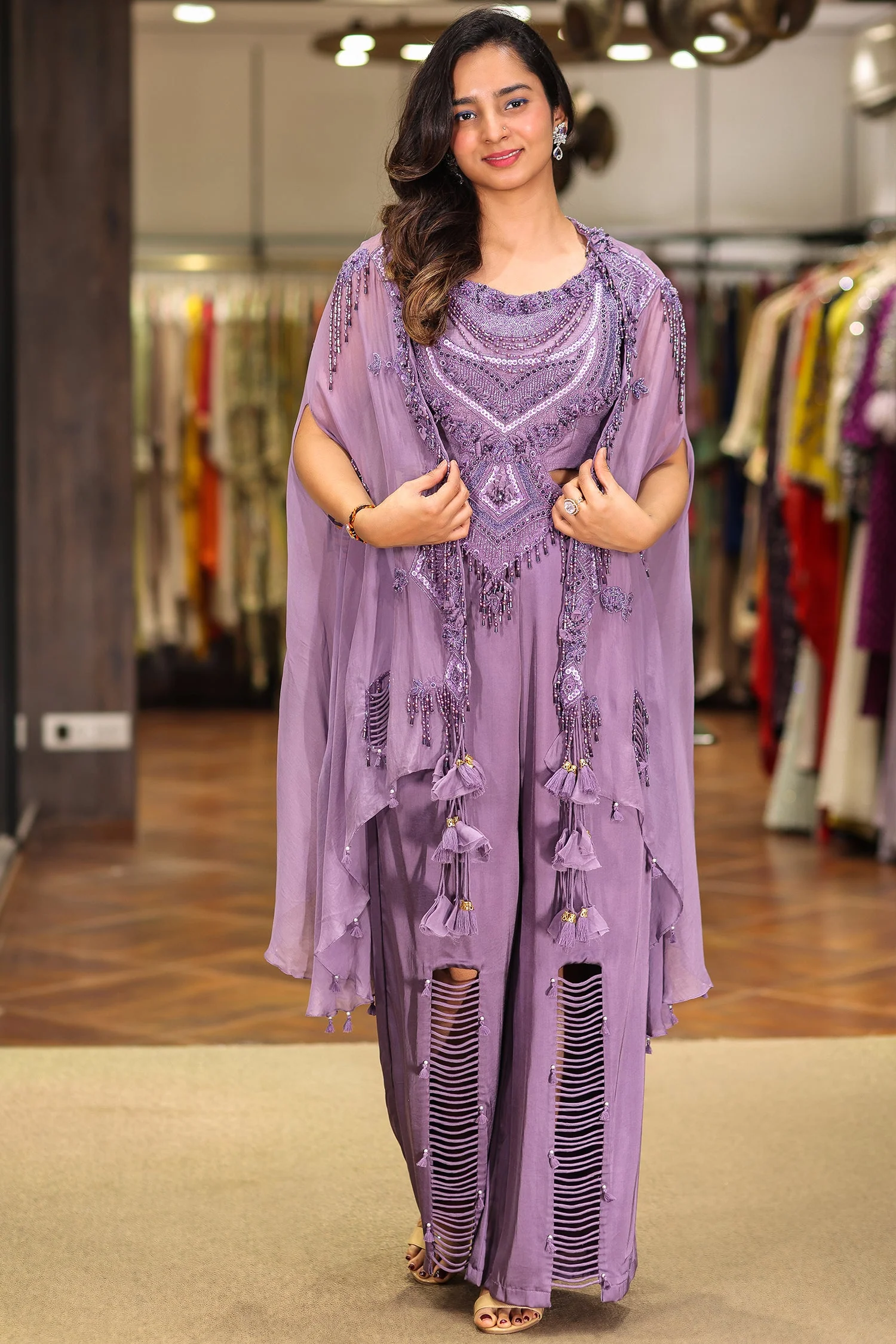 Purple Raw Silk Designer Heavy Worked Crop Top Palazzo with Jacket - Image 3