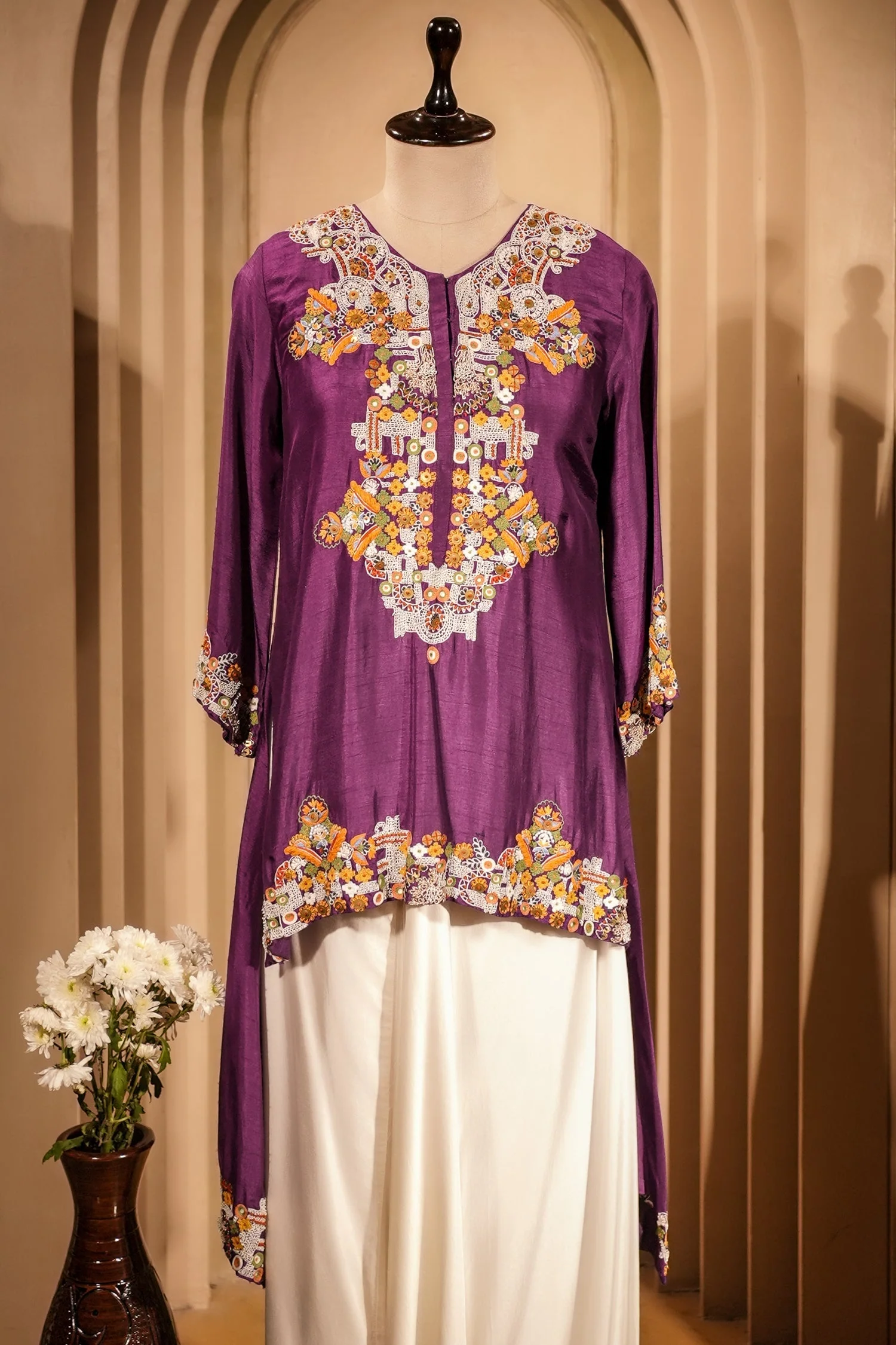 Purple Raw Silk Mirror and Thread Embroidered Top with Draped Skirt - Image 2