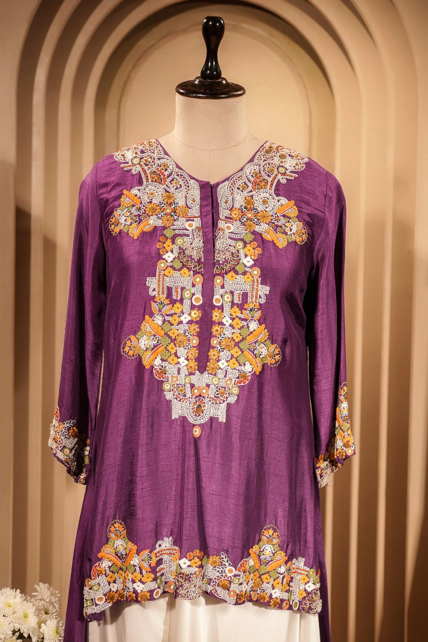 Purple Raw Silk Mirror and Thread Embroidered Top with Draped Skirt - Image 3