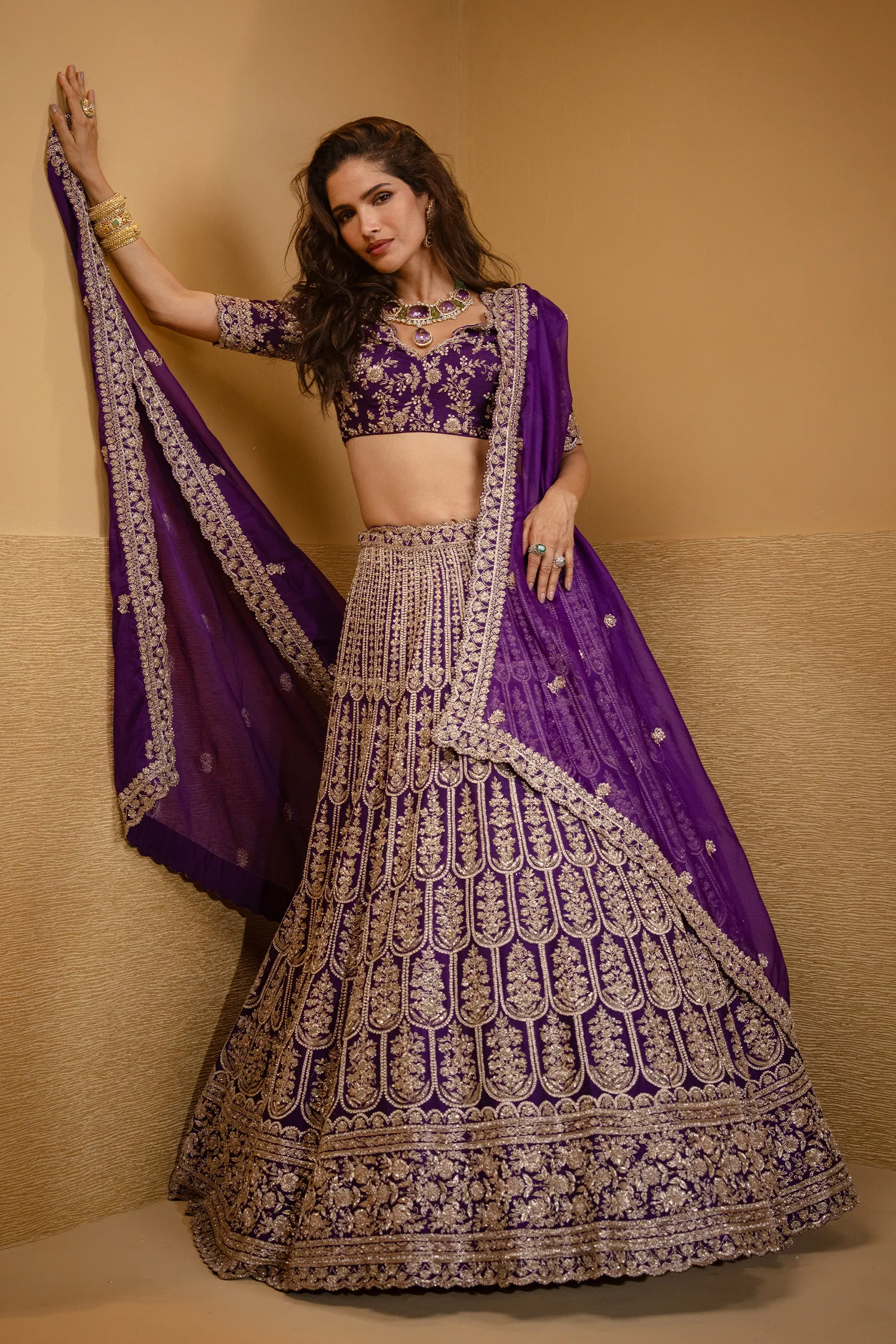 Purple Raw Silk Scallop Jaal Designer Handworked Lehenga with V Neck Blouse - Image 3