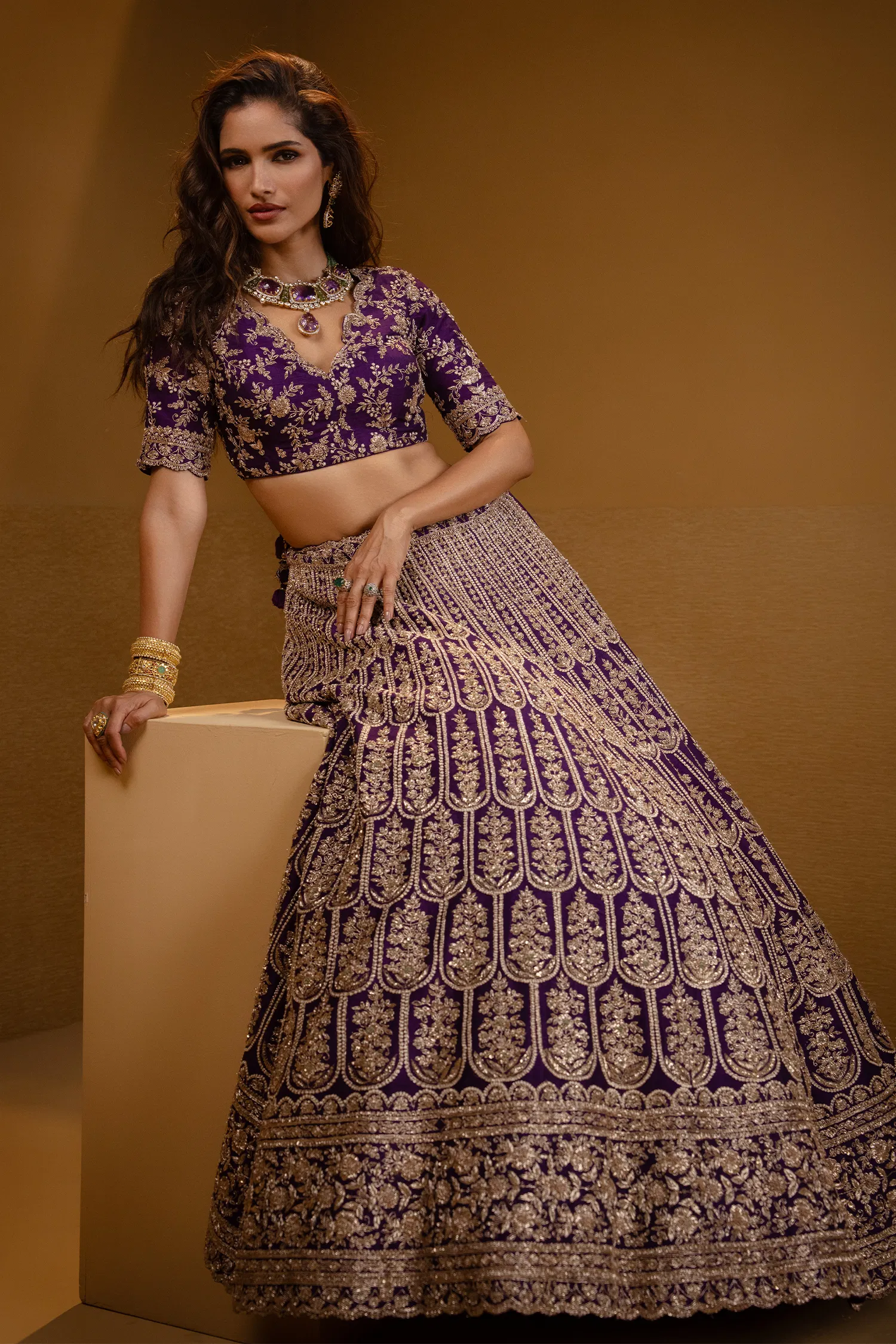 Purple Raw Silk Scallop Jaal Designer Handworked Lehenga with V Neck Blouse - Image 4