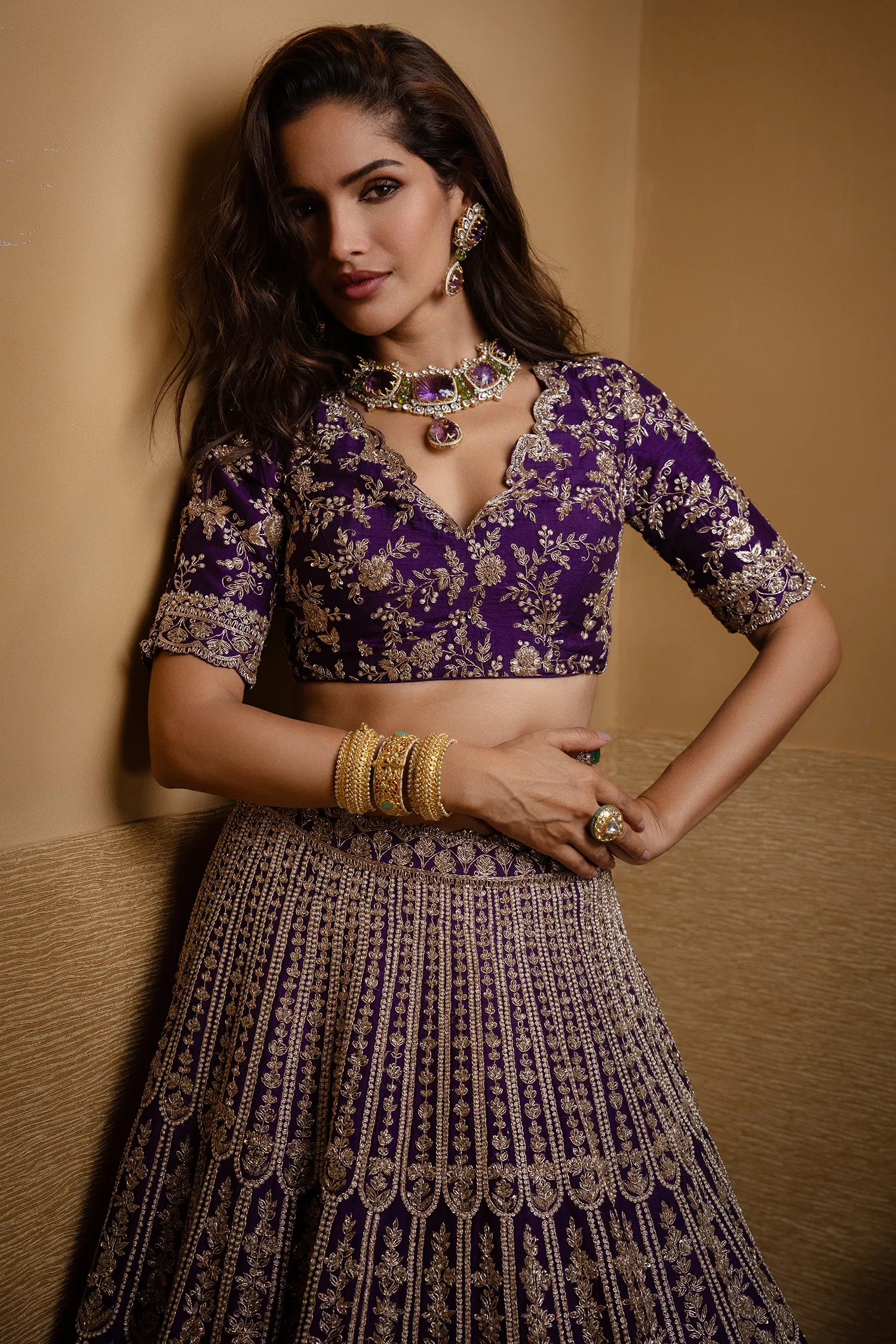 Purple Raw Silk Scallop Jaal Designer Handworked Lehenga with V Neck Blouse - Image 8