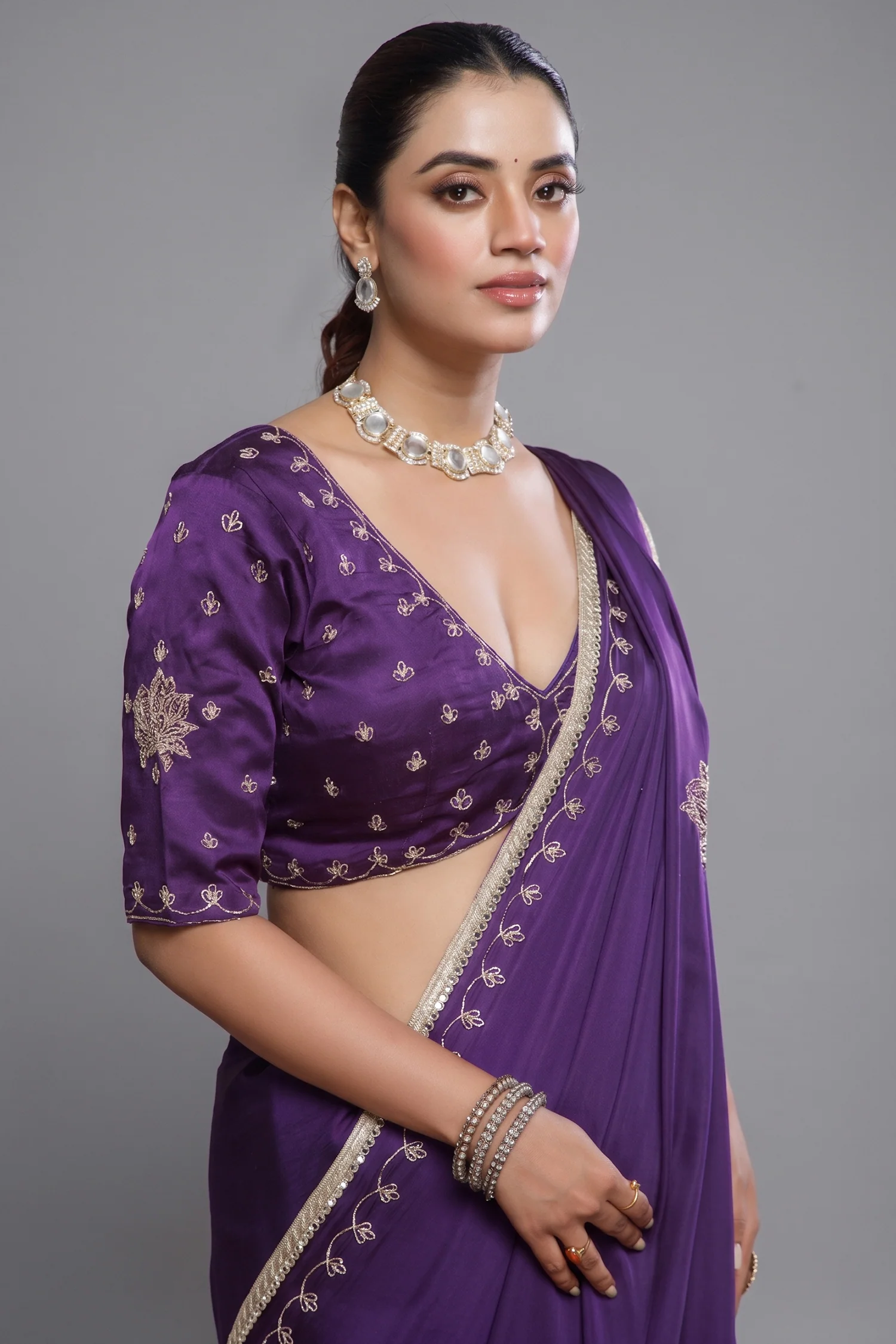 Purple Satin Silk Beads and Mirror Worked Saree with Readymade Blouse - Image 2